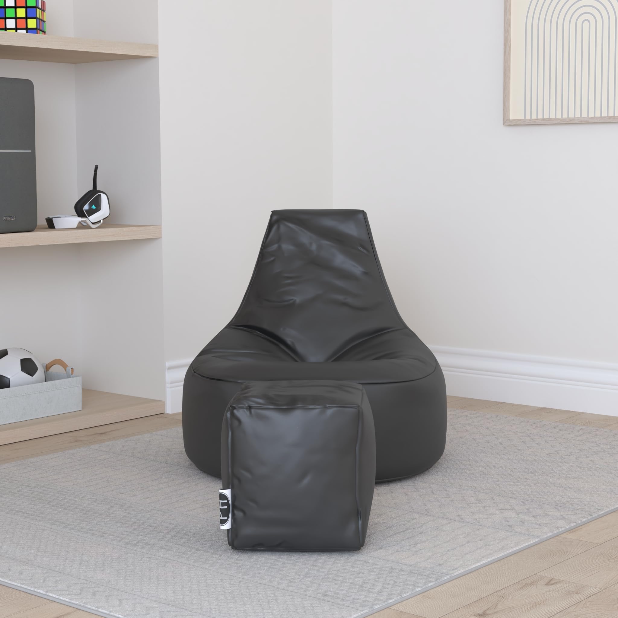 PATCH HOME Poltrona da gamer con cubo Bean Bag Set Ø 75 cm, altezza seduta 30 cm, altezza 80 cm + cubo 35 x 35 cm, colore nero