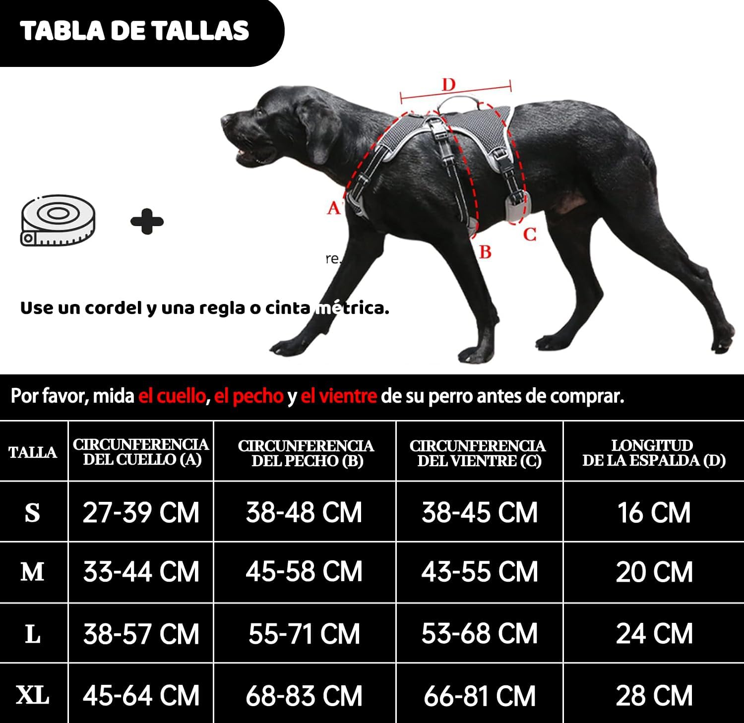 Arnés de Apoyo Multiusos para Perro, a Prueba de Escape, Chaleco Reflectante Ajustable con Mango Duradero, arnés para Perros Grandes y Activos (Negro, L)