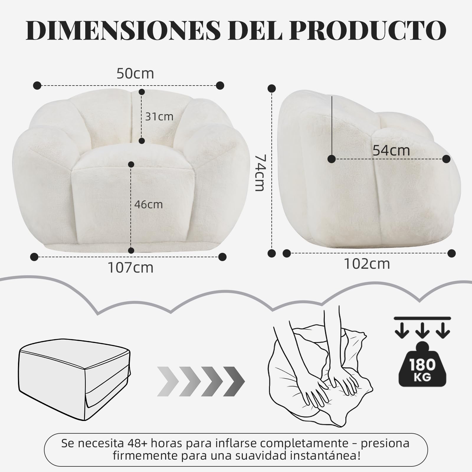 Puf para Adultos con Relleno, Puff con Forma de petaleno, Bolso Grande de Piel sintética, cómodo sillón, Espuma de Alta Densidad, Dormitorio, Sala de Estar (Crema)