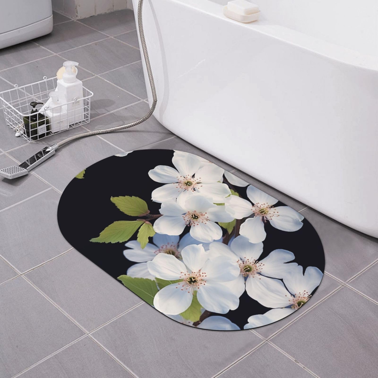 Paillasson absorbant motif fleurs blanches pour salle de bain 15,7x60 cm