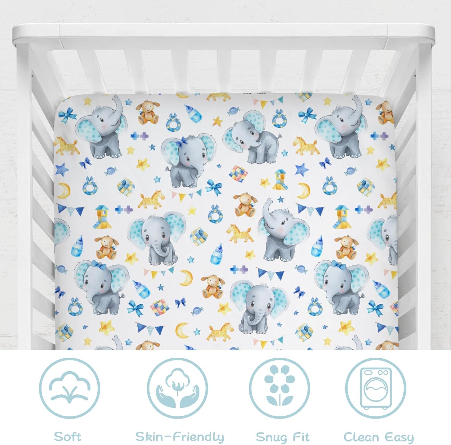 Cute Elephant Baby Crib Sheets 52''x28'' Cartoon Elephant Snug Fitted Crib Mattress Sheet for Boy Girl Elephant Blue Soft Nursery Baby Bed Sheets Fits Standard Crib and Toddler Mattresses One size Blue image 6 of 9 B0D25TSN6X