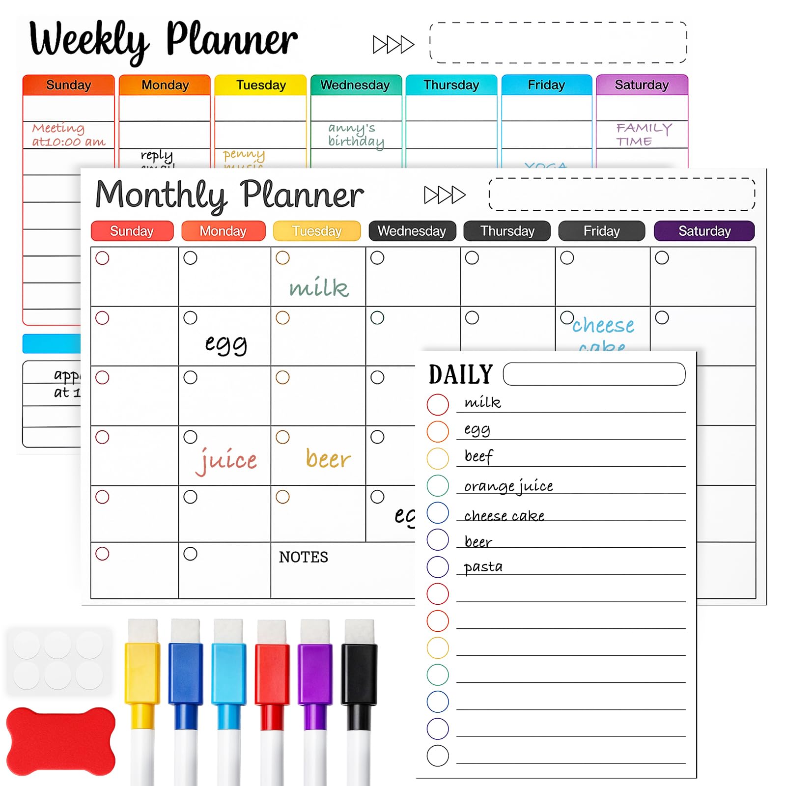 GROWNEER 3-Pack Magnetic Dry Erase Calendar Whiteboard Set – A3 Monthly, A3 Weekly & A5 Daily Planners for Fridge or Wall – Includes 6 Markers, 1 Eraser & 12 Round Double-Sided Stickers