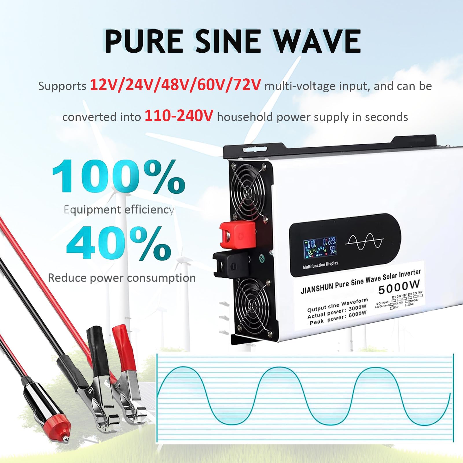 Inversor Solar híbrido de 5000 W, convertidor de 12V 24V 48V 60V 72V CC a 110V 220V CA con Pantalla LCD, inversor de Onda sinusoidal Pura para Camiones, hogares, vehículos,72V-5000W