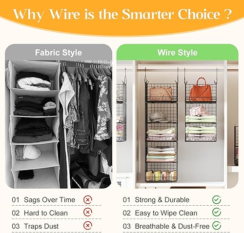 Miniatura 8 de Organizador colgante de armario de 5 niveles y estantes colgantes separables con 4 ganchos, 2 divisores ajustables, cestas de almacenamiento de