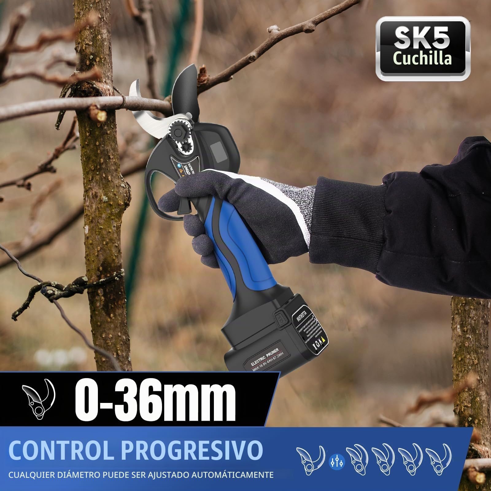 Swansoft 8608 35mm Tijeras de Podar a Batería, 16,8V 900W Tijeras de Podar Progresivas a Batería Profesionales, para Podar, Fruticultores y Viticultores,Deep Blue (Deep Blue)
