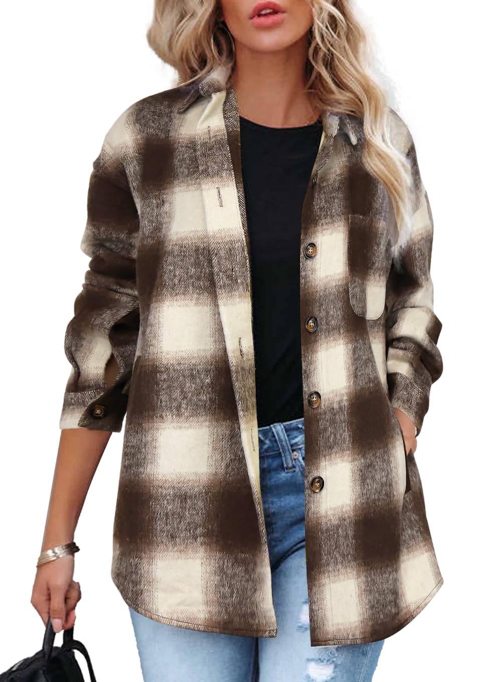 Beaully Women's Plaid Shacket Jacket Long Sleeve Button Down Flannel Shirts Fashion Jacket Fall Winter Clothes