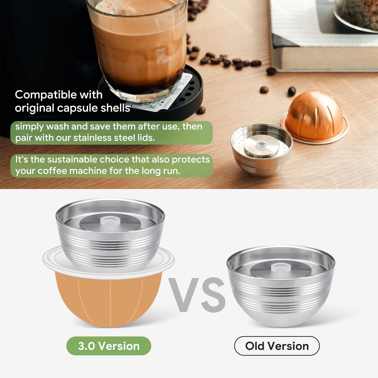 Nespresso Vertuo Pods versión actualizada para cafetera Vertuo Next para hacer café crema de 230 ml, cápsulas reutilizables de acero inoxidable para Vertuo Next, 2 cápsulas 1 manipulador