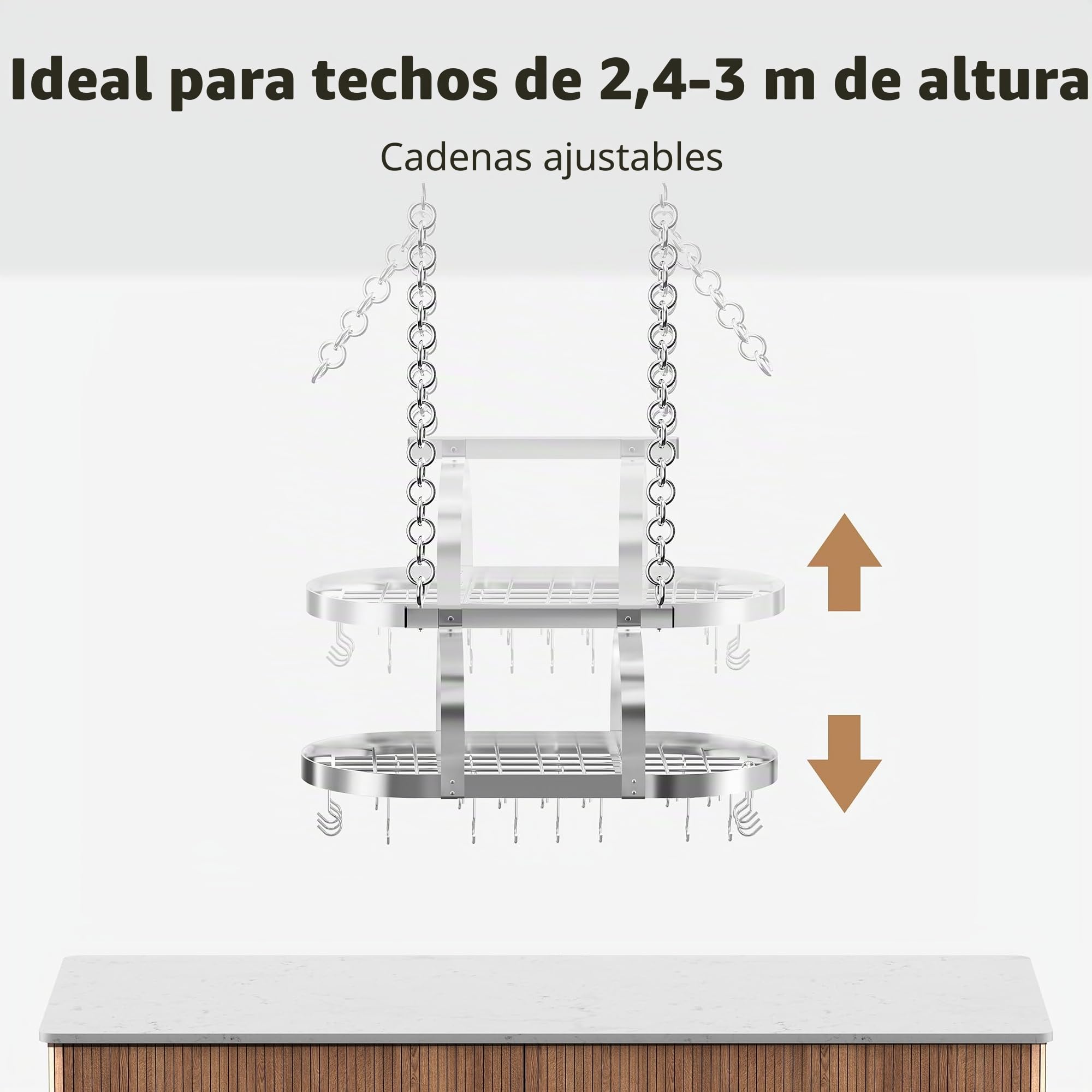 KES KUR221S85-CH - Soporte de techo cromado resistente de 86 cm, estante ovalado para colgar ollas y sartenes, organizador de almacenamiento de cocina con 20 ganchos en S (para vigas de techo de 16 y