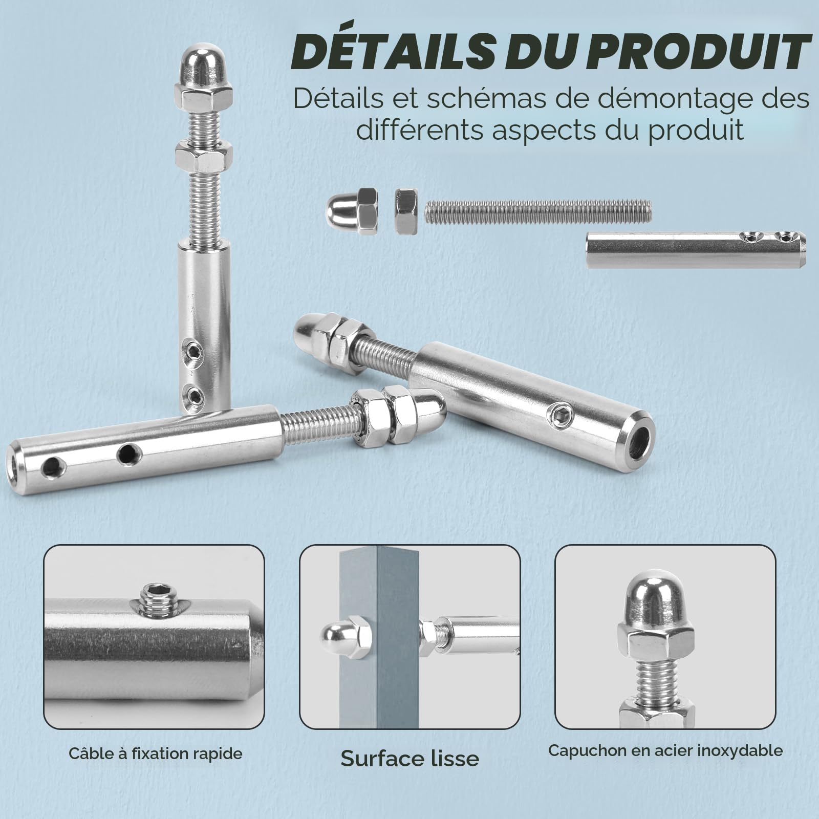 Tendeur Cable Inox pour Cable Inox 4mm, 12 Pièces et clé en L-Tendeur de câble Métallique de Câble en acier Inoxydable pour Fixation Hauba