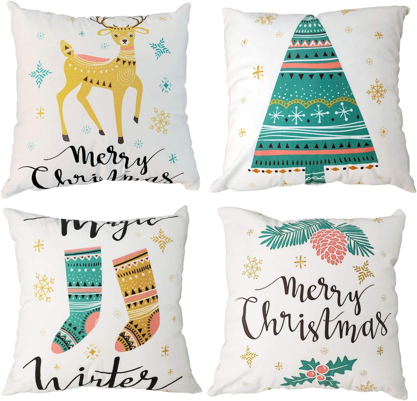 Set of 4 Throw Pillow Covers 18x18 Inches, Decorative Square Pillowcases Cotton Linen Cushion Cover for Room Sofa Bed Car (Yellow)