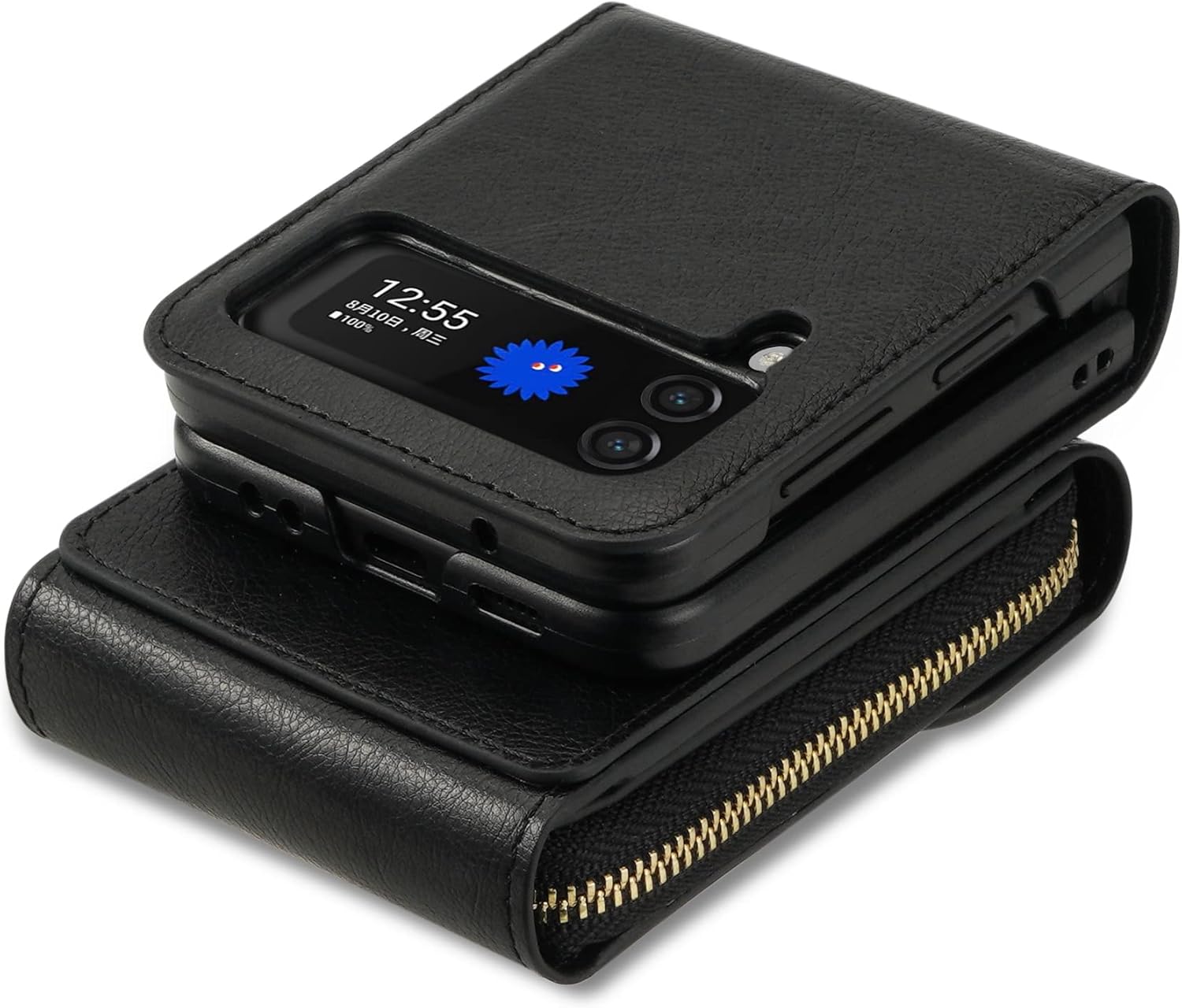 Wallet Case for Samsung Galaxy Z Flip 3, Matte Leather with Viewing Stand Camera Lens Protection Shockproof Multiple Card Holders Cover Shoulder Straps Zipper case Cover