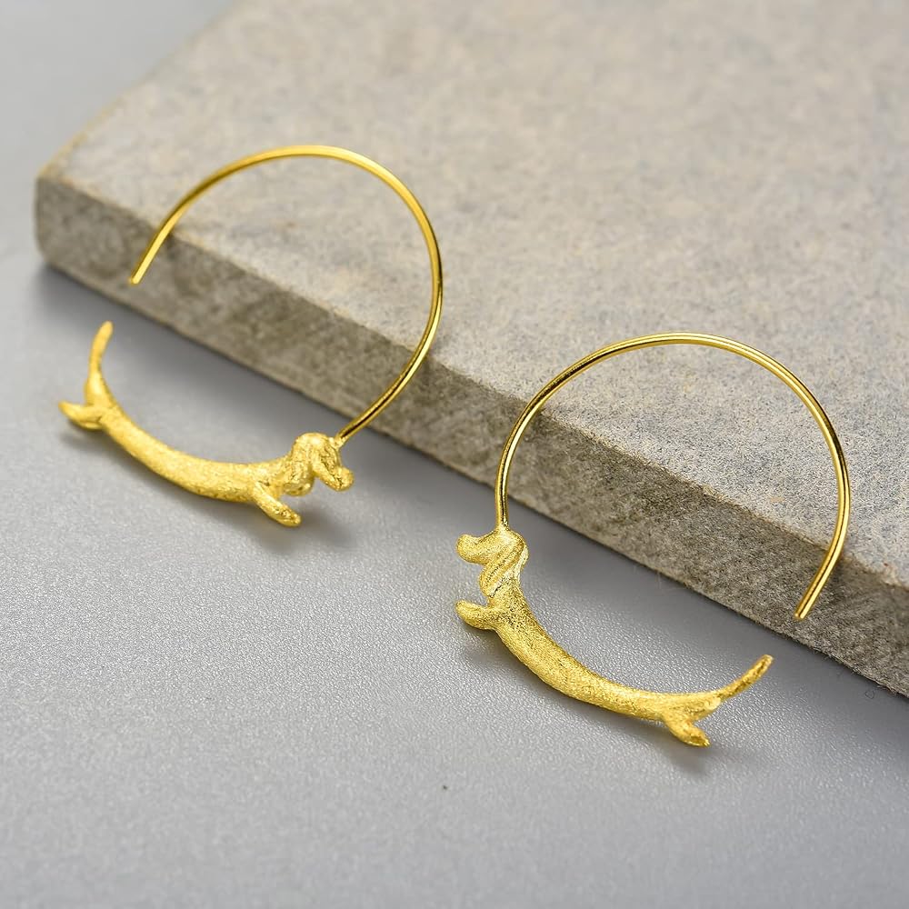 Orecchini A Cerchio In Argento 925 Con Cane Bassotto - Gioielli Fatti A Mano Per Donna, Regalo Idea
