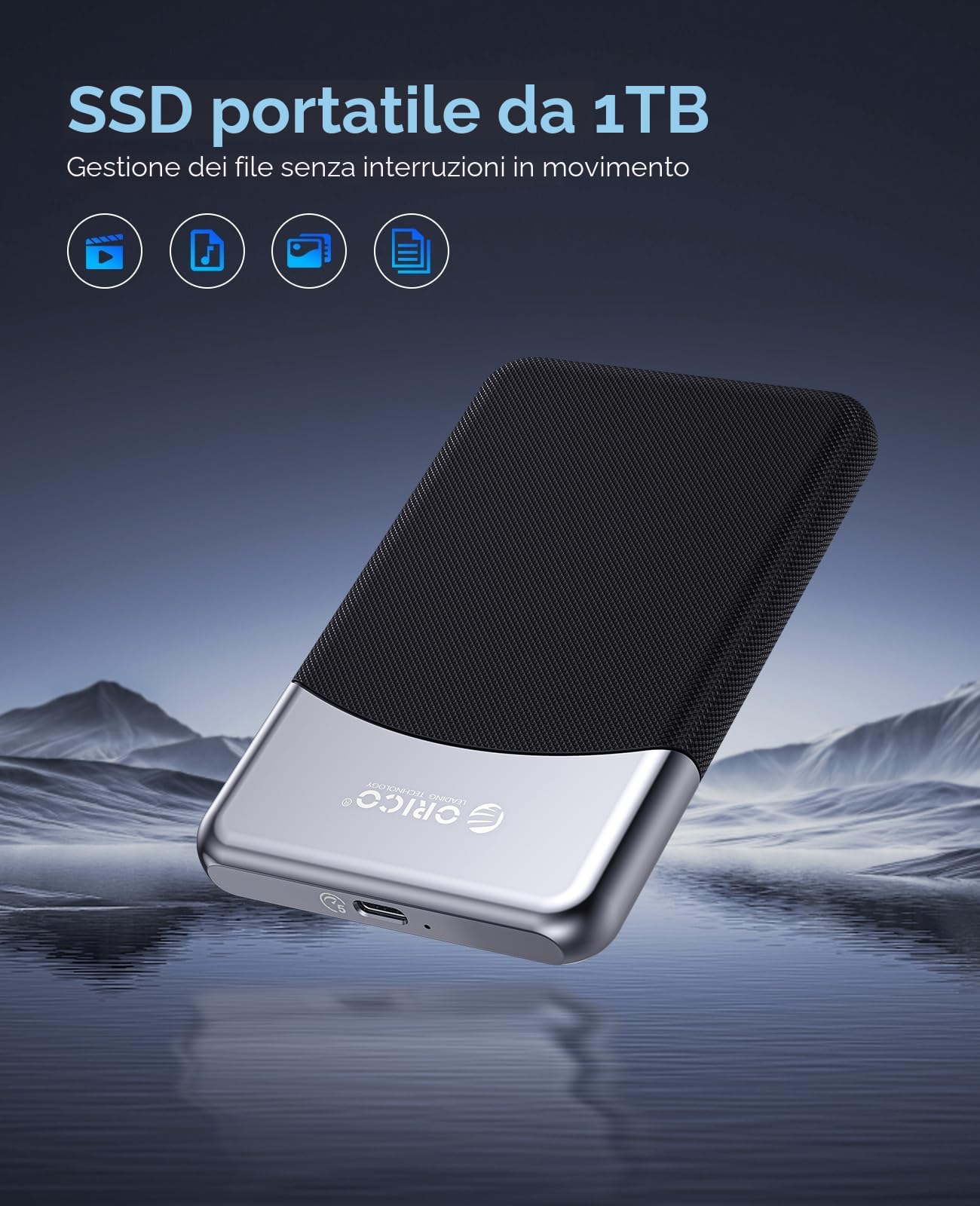 ORICO 1TB SSD esterno con cavo USB C 2 in 1, unità portatile a stato solido USB 3.2 Gen 1 fino a 460MB/s, archiviazione affidabile per smartphone USB-C, PC, tablet, Labtop - M25PRO