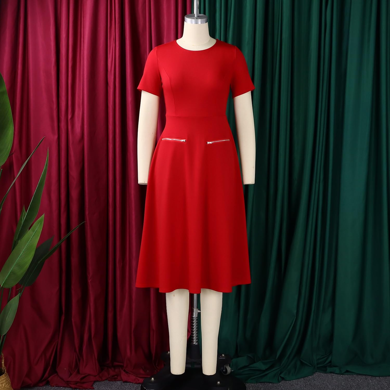 Vestido Midi Casual De Corte A Para Mujer Elegante, De Cuello Redondo, Manga Corta, Con Bolsillo Simulado, Ideal Para La Oficina, El Trabajo, Ocasiones Formales Y Fiestas