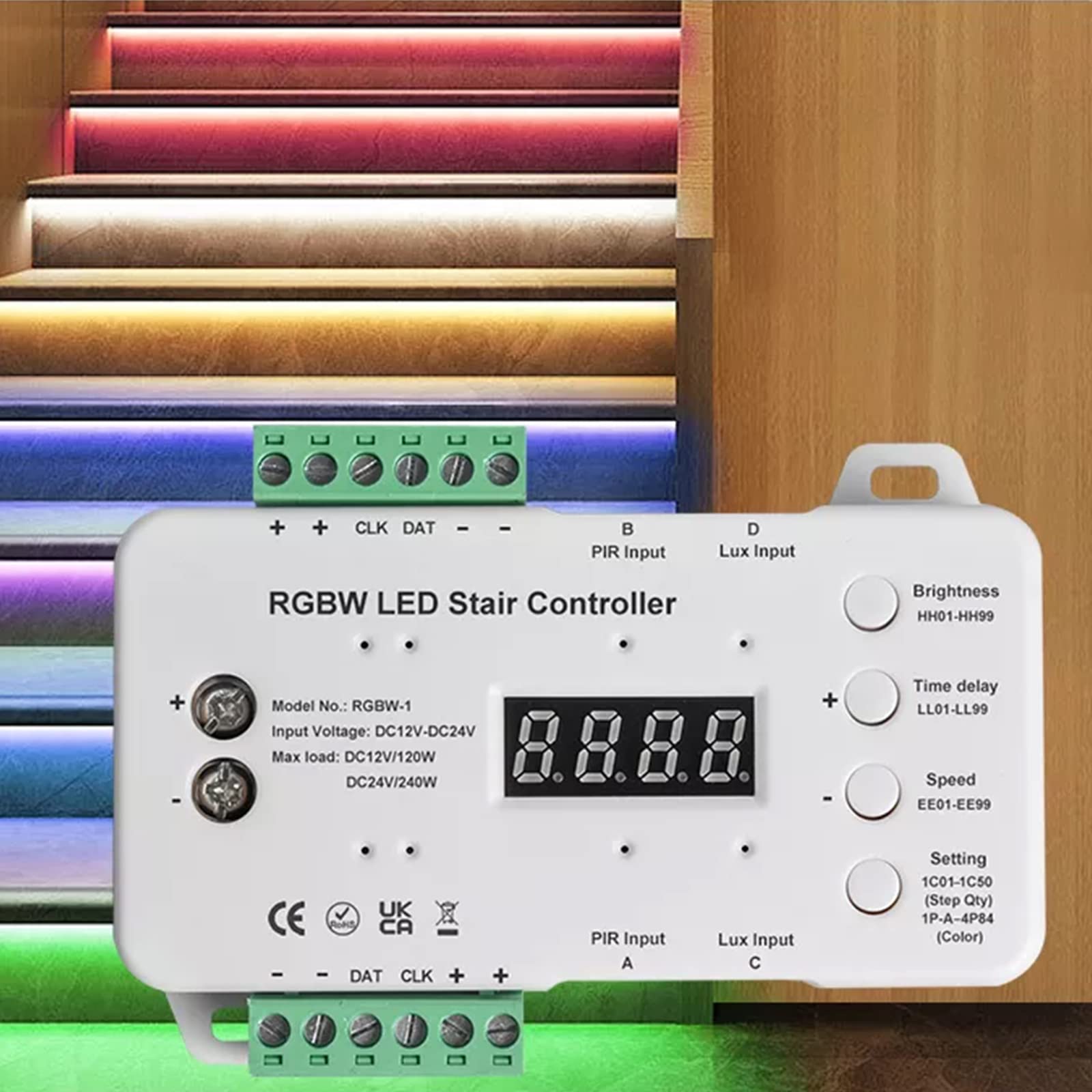 LED-Treppenstufenbeleuchtung Controller mit Bewegungsmelder,16 Stufen RGBW Bunte Treppenlichter Controller,Enthält keinen Lichtstreifen