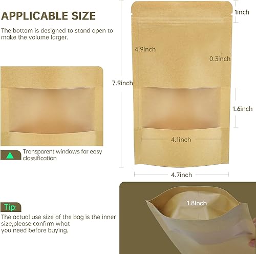 Miniatura 10 de ODDIER 120 bolsas de papel kraft de 3.5 x 5.5 pulgadas con cierre de cremallera de ventana, bolsas resellables, bolsas de mylar a prueba de olores