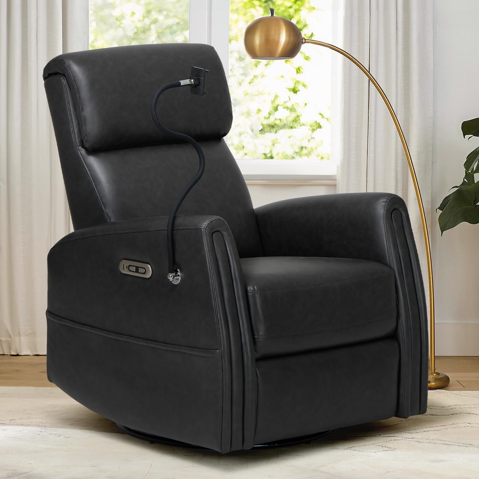 (different color to stock photo) ( is color brown )COLAMY Power Swivel Glider Recliner Chair, Nursery Rocking Chair, Living Room Chair, PU Leather 270° Swivel 145° Recliner Chair with Built-in Charging Ports for Living Room, Apartment, Home, Charcoal