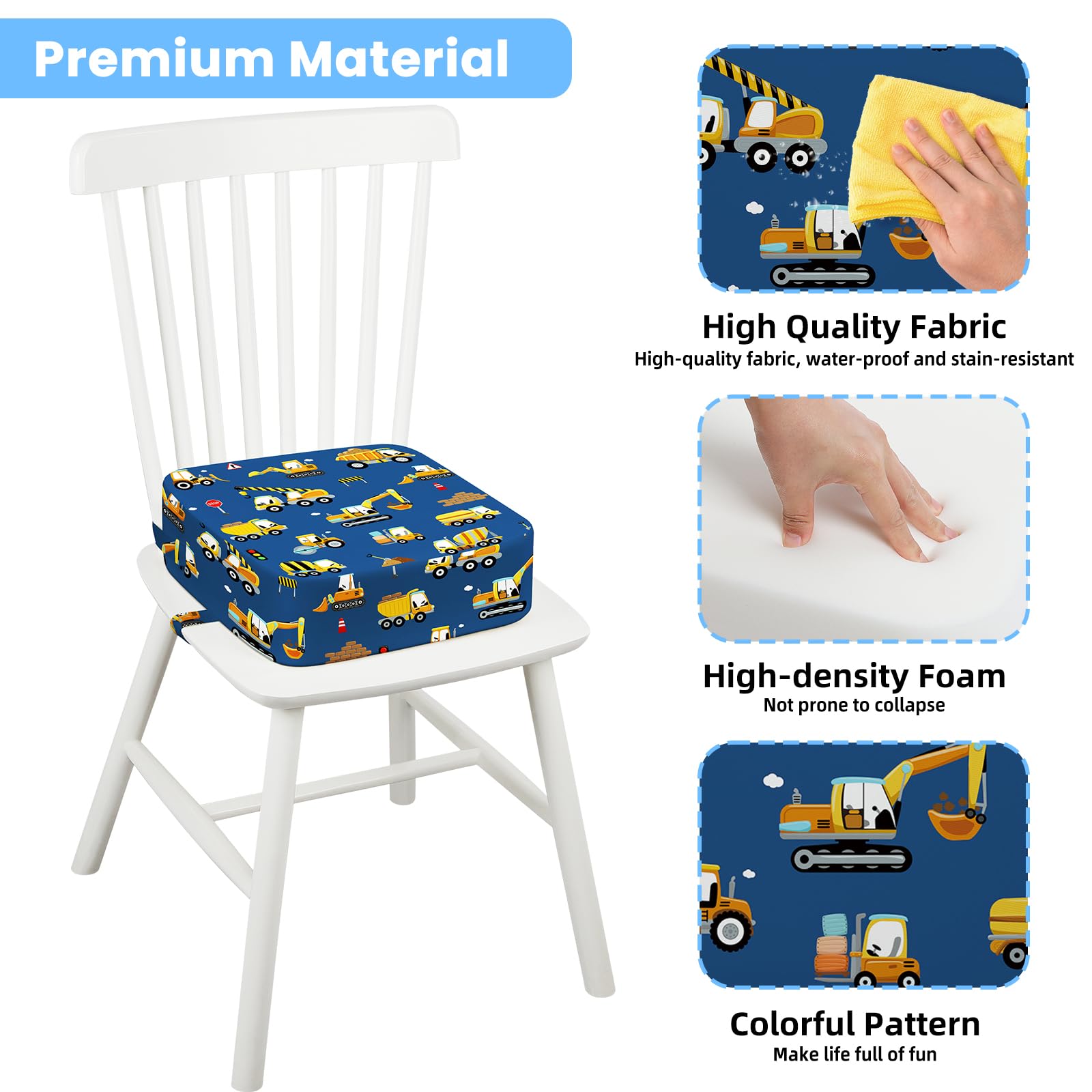 Seggiolino da Tavolo per Bambini Lavabile Cartoon Cuscino con Cinghie Regolabili Base Antiscivolo 32x32x10 cm Escavatore
