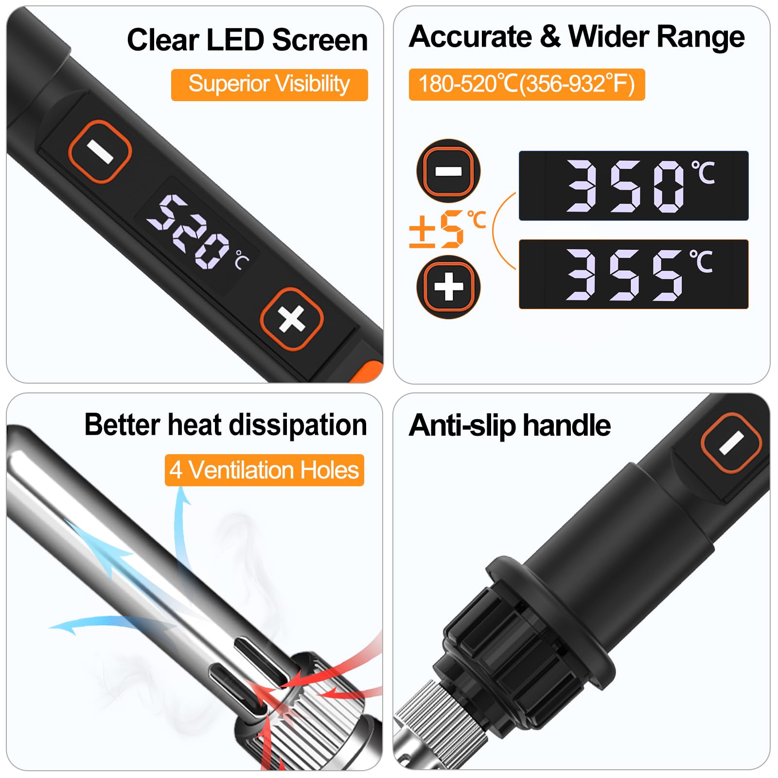 Kit de fer à souder 80 W LCD Température réglable 180-520 °C Outil de soudage électrique 15 en 1 avec interrupteur, fil à souder 50 g, 5 pointes de soudure, pompe à dessouder, pince à dénuder, support
