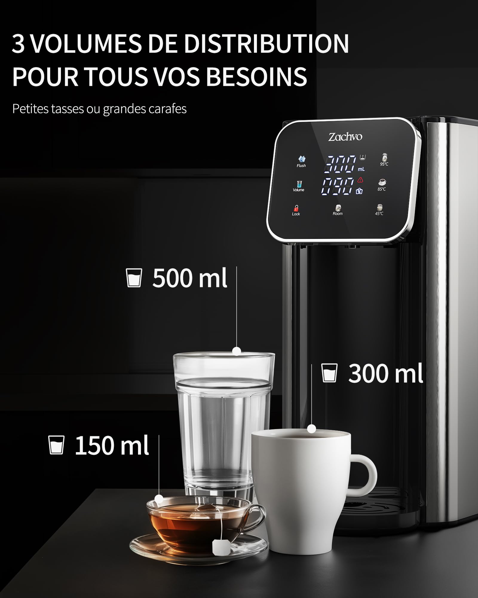 Distributeur d'eau chaude UR05-2200W – Eau chaude en quelques secondes, 4 niveaux de température & 3 volumes d’eau, réservoir 4L, compact, filtre à charbon actif, pour cuisine & bureau