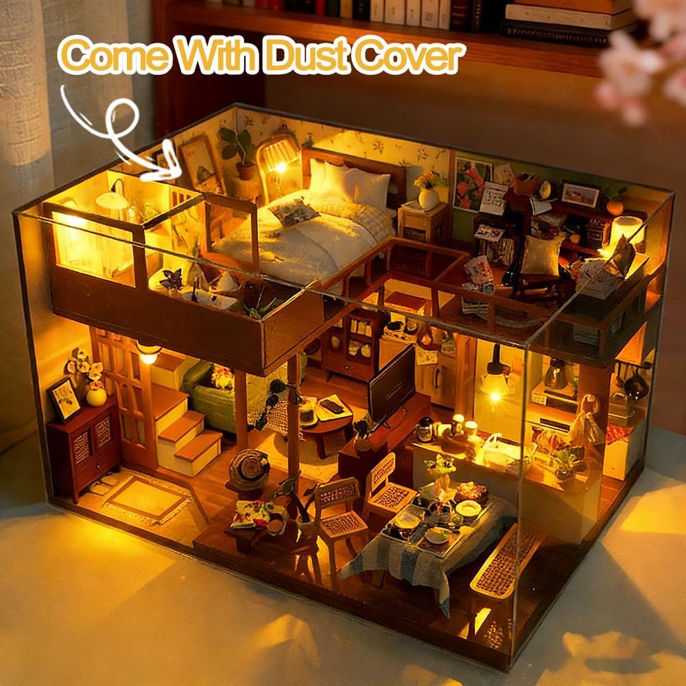 DIY Miniature Dollhouse Kit, Mini House Making Kit with Furnitures and Dust Cover, Tiny House Kit to Build for Adults, Hobby Craft Gift for Christmas Day, Japanese Style Loft