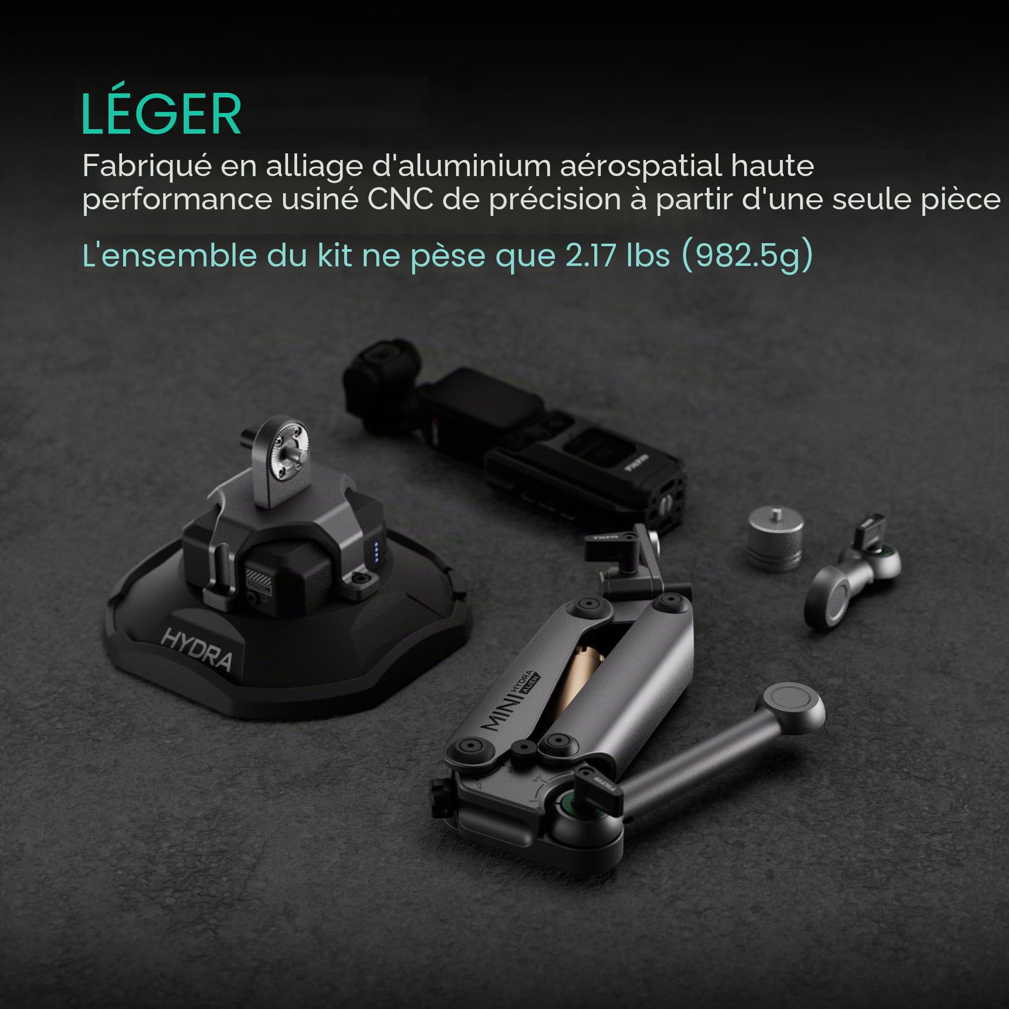 Tilta Hydra Alien Mini kit de Ventouse électronique – Gris Titane | Compatible avec DJI Pocket 3 et Autres caméras d'action/Smartphones | Amortissement hydraulique | Bras réglable