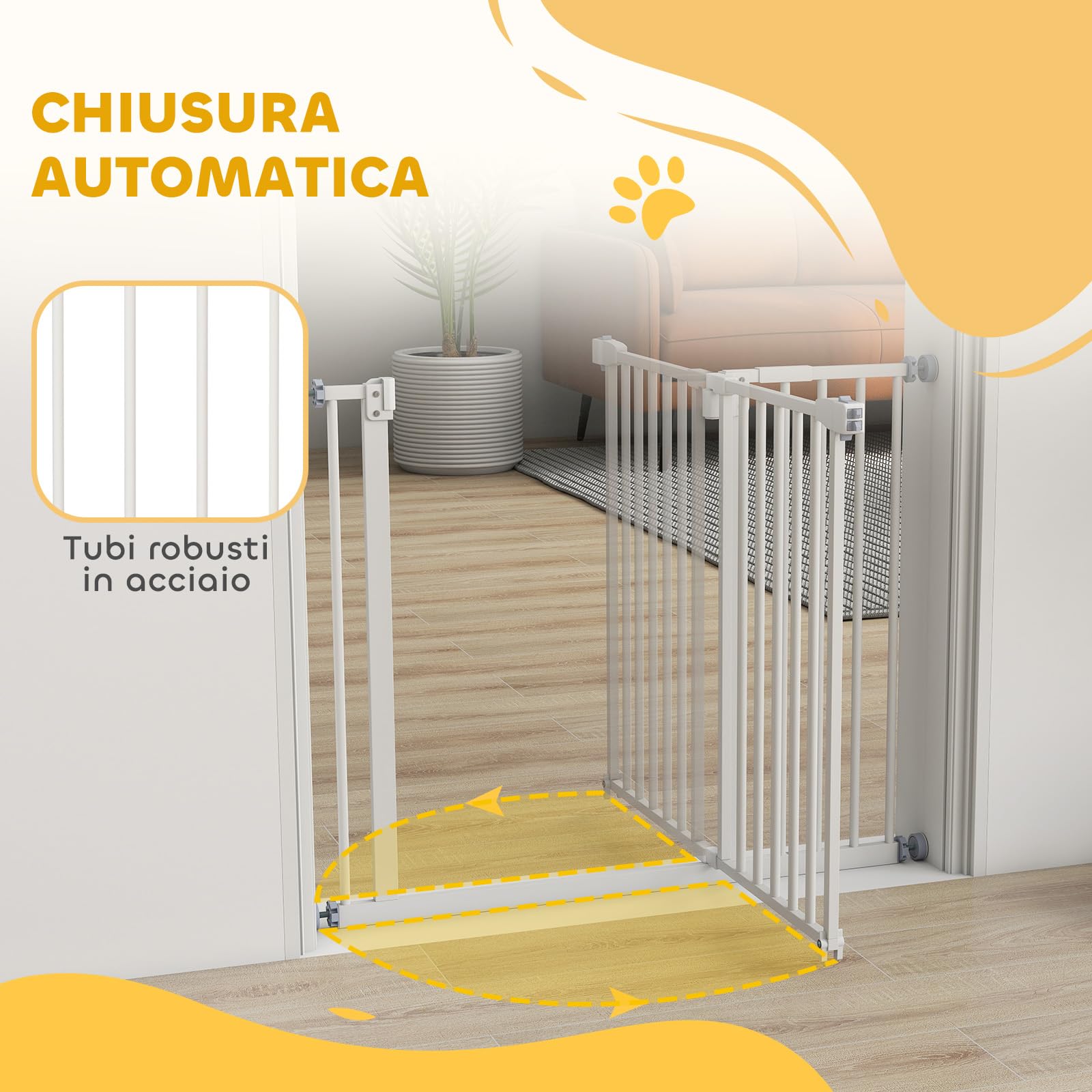 PawHut Cancelletto per Cani Estensibile Barriera per Gatti 76.2cm Bianco | Montaggio a Pressione, Chiusura Automatica, Cancello per Cani da Esterno Estensibile