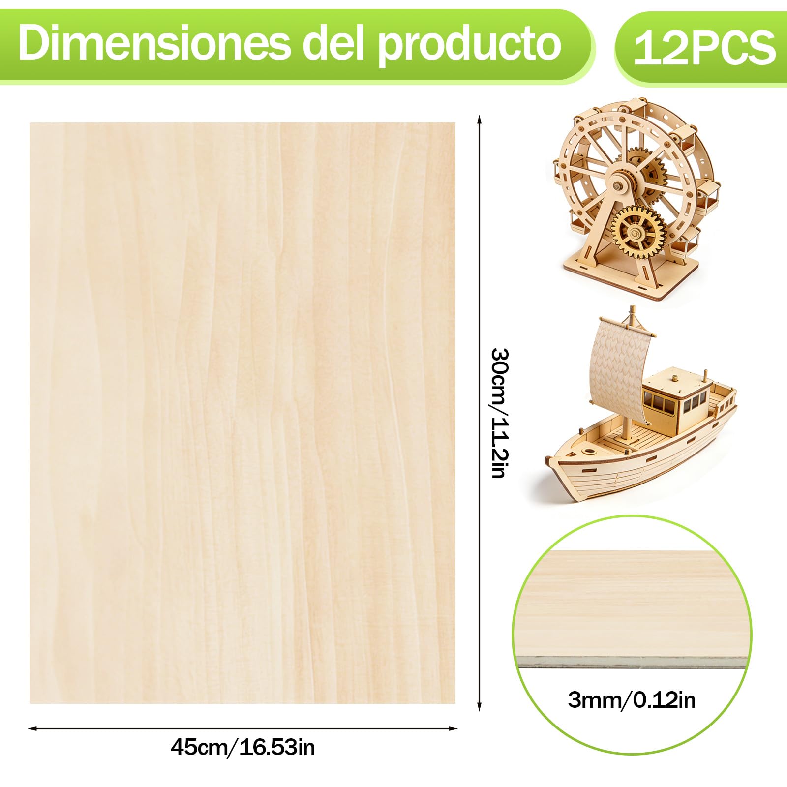 12 Piezas Lámina De Madera Contrachapada De 3 mm, Formato A3, Adecuada Para Manualidades, Carpintería, Corte Láser, Pirograbado, Modelismo, Regalos, Decoraciones Y Pintura(420 X 300 mm X 3 mm)