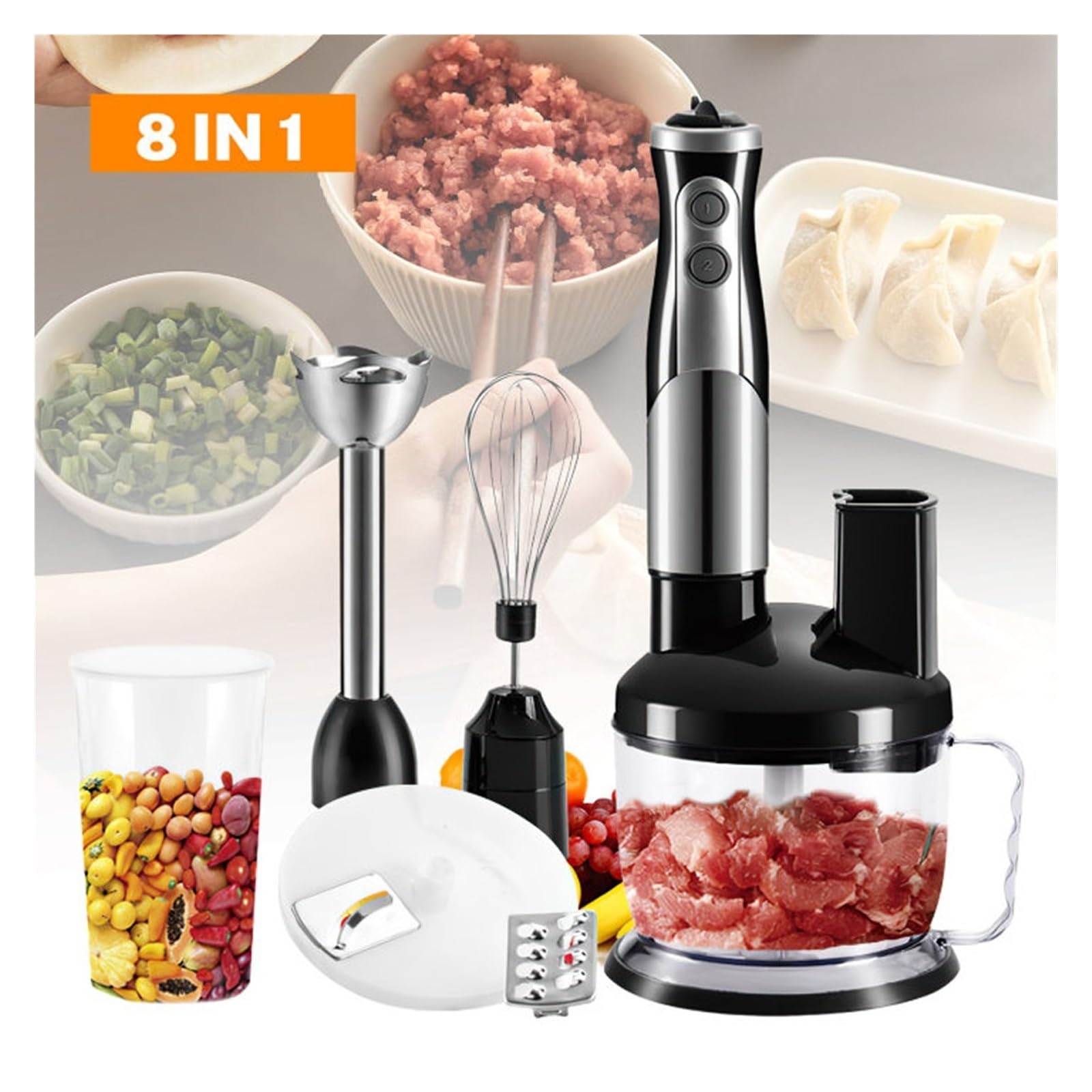 2-częściowy 8 W 1 Wielofunkcyjny Blender Ze Stali Nierdzewnej, Robot Kuchenny, Krajalnica Do Warzyw, Maszynka Mielenia Mięsa, Siekacz, Mikser Żywności, Sokowirówka Sonifer Szybkie Wydajne Miksowanie