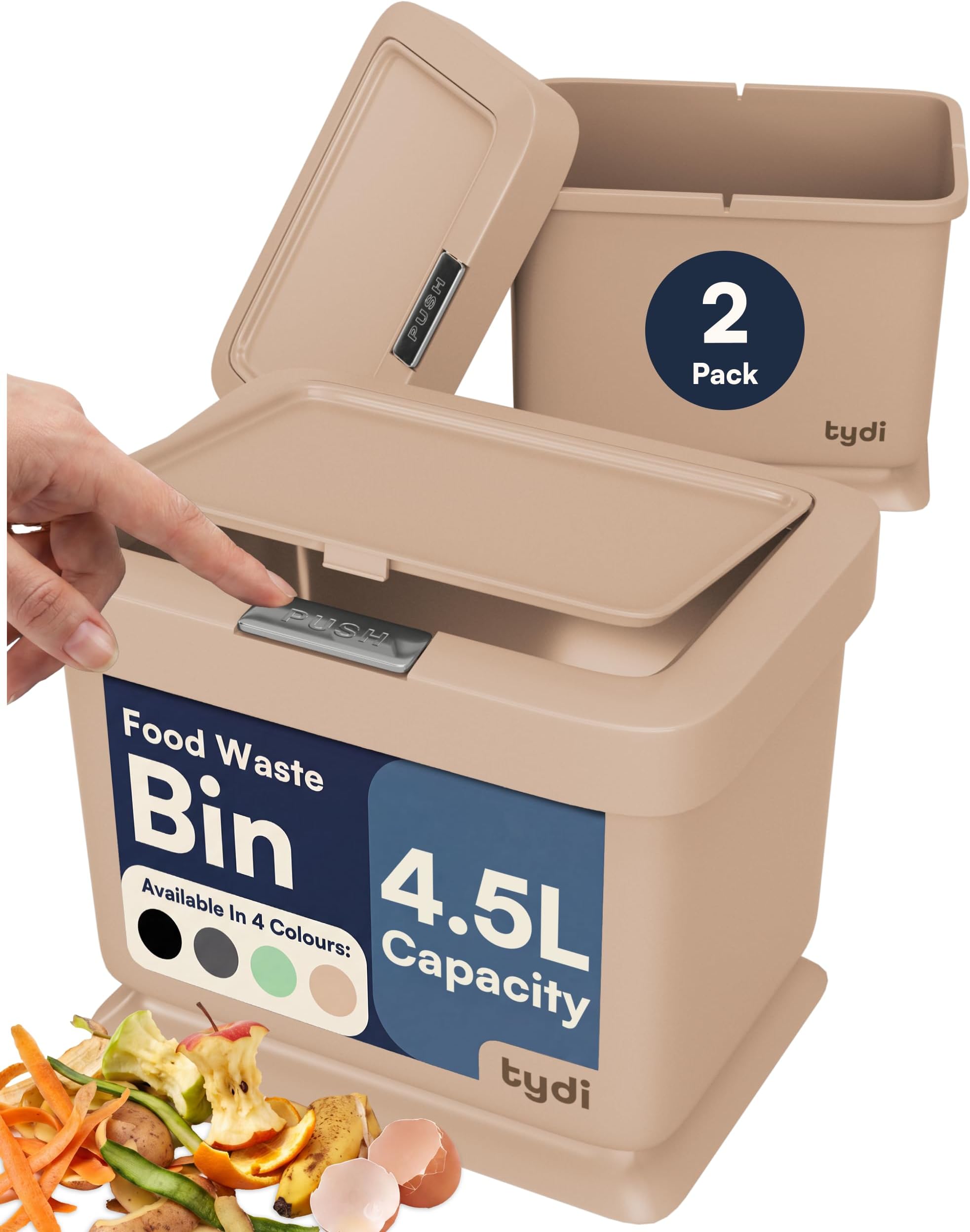 Tydi 4.5L Food Waste Bin 2 Pack with Press-Button Lid, Taupe