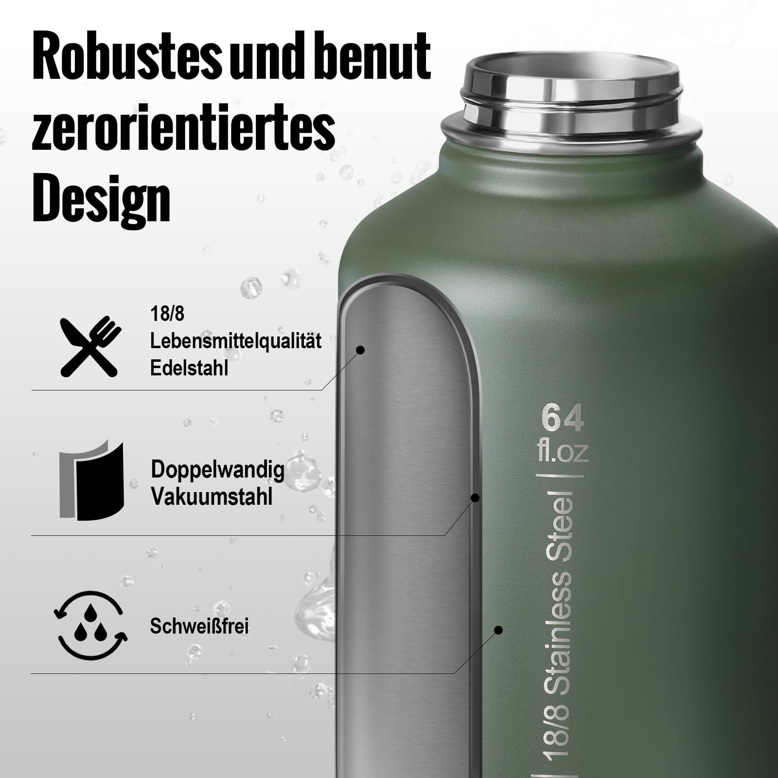 OneTigris Edelstahl Trinkflasche, Wasserflasche 1,9L Hohe Kapazität, Sportflasche mit gute Isolationswirkung für Fahrrad, Camping, Yoga, Gym, Softair, OD Grün, 64OZ
