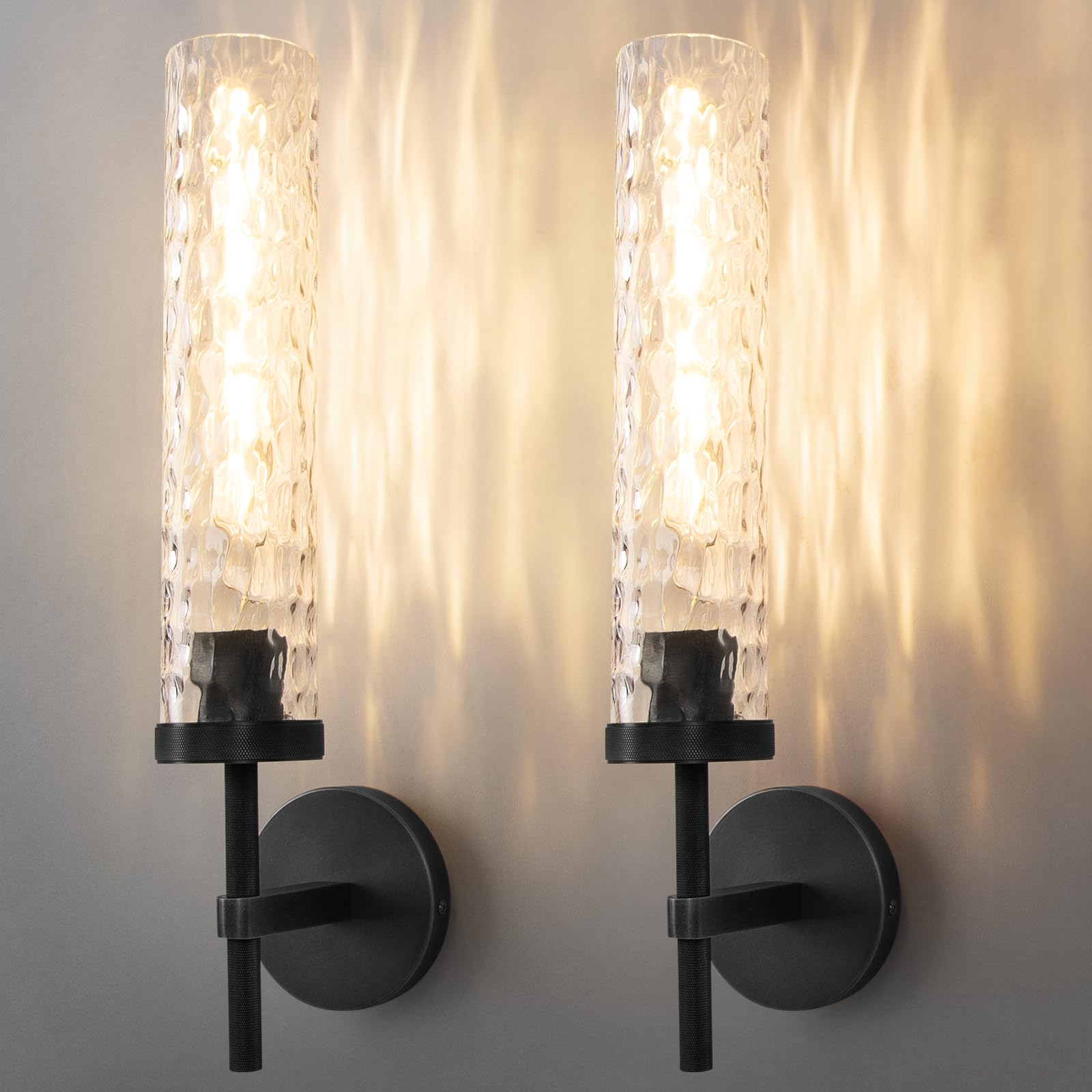 Brass Knurled Bathroom Sconces Set of 2, 19.5 Inch Black Vanity Light Fixtures with Water Ripple Glass Tube Modern Wall Lamp for Bathroom Mirror Bedroom Living Room Hallway