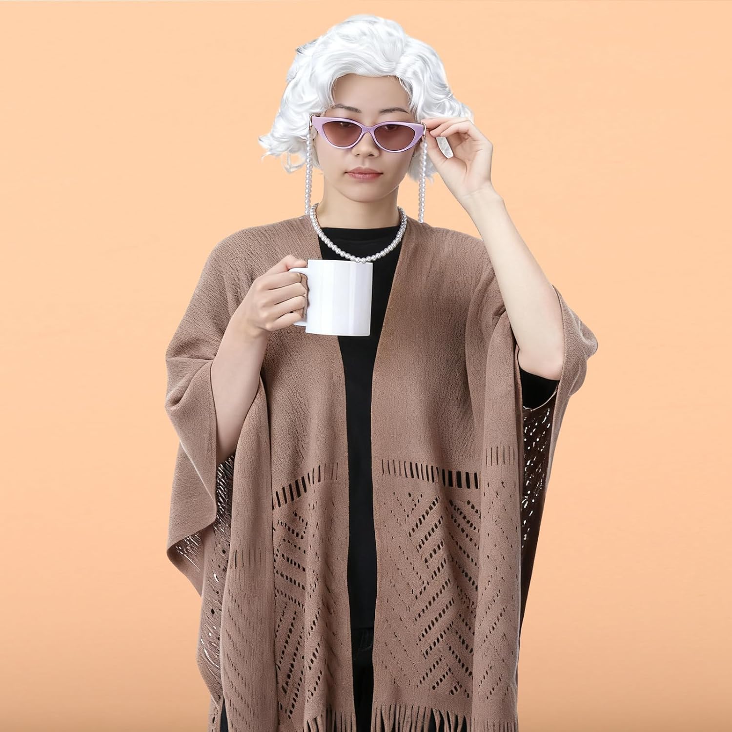 6 Pcs 100th Day of School Grandma Old Lady Costume Girls Granny Dress 100 Year Grandma Costume, Curly Granny Wig Brown Shawl Glasses Ceramic Mug and Pearl Chains for Old Woman Cosplay Party - Image 5