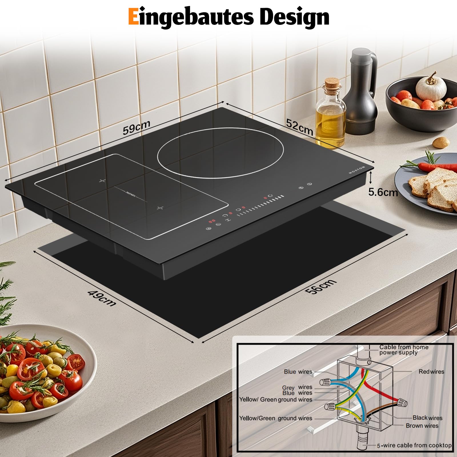 NOXTON Placa de Inducción 3 Fuegos, 60 cm, Flex Zone, Sin Enchufe | Funcion Boost, Control Táctil, Placa de Inducción Integrada, Bloqueo Para Niños, Temporizador, 6800 W