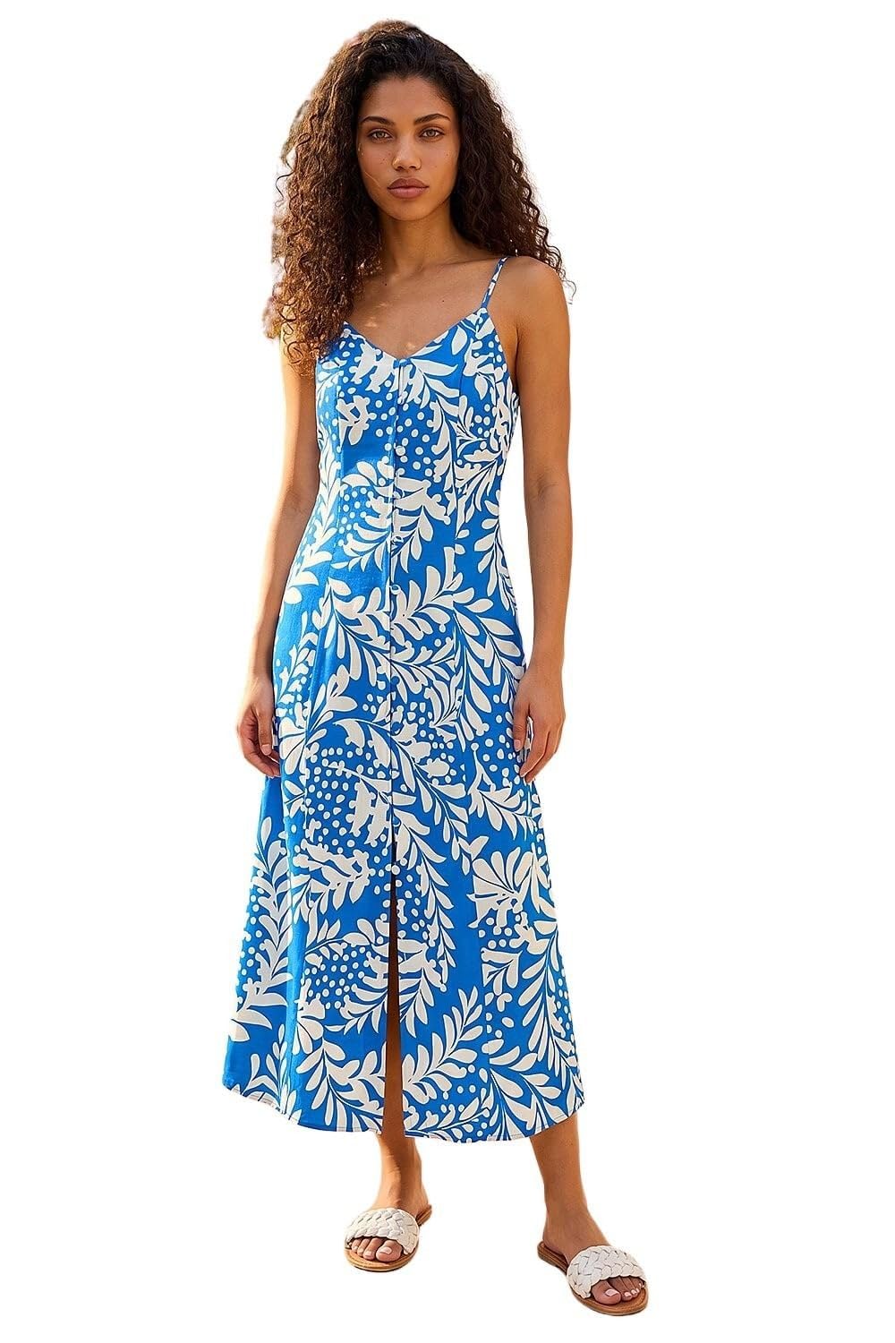 Roman Petite Women's Blue Leaf Print Strappy Midi Dress Size 14