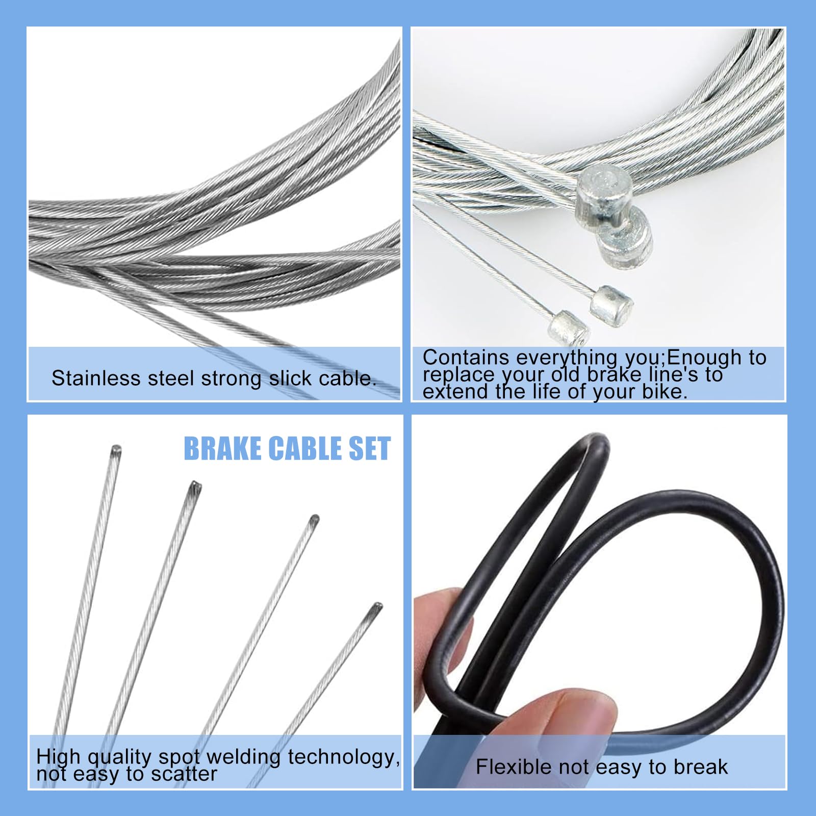 Kit 2 Câbles De Frein Vélo + Accessoires – Câbles Frein Et Dérailleur Universels Avec Joints Toriques, Embouts Et Manchons Pour VTT, Route, BMX
