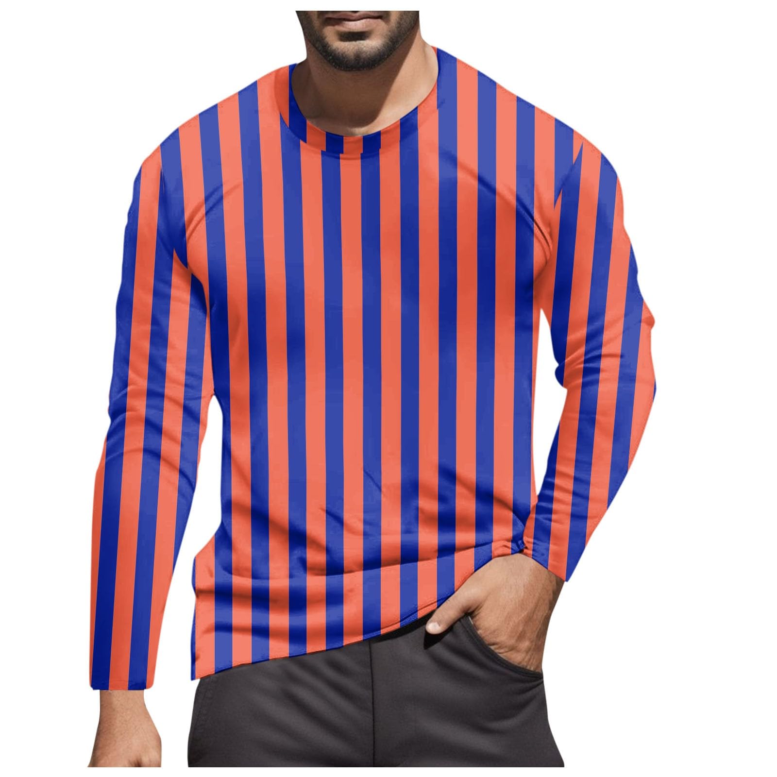 Striped Shirt Men Women Red White Long Sleeve T-Shirt Carnival Long Sleeve T-Shirt Horizontal Stripes Wide Stripes Fine Stripes Crew Neck Leisure Top Striped Shirt Fancy Dress Costumes, Orange-7, M — image 1