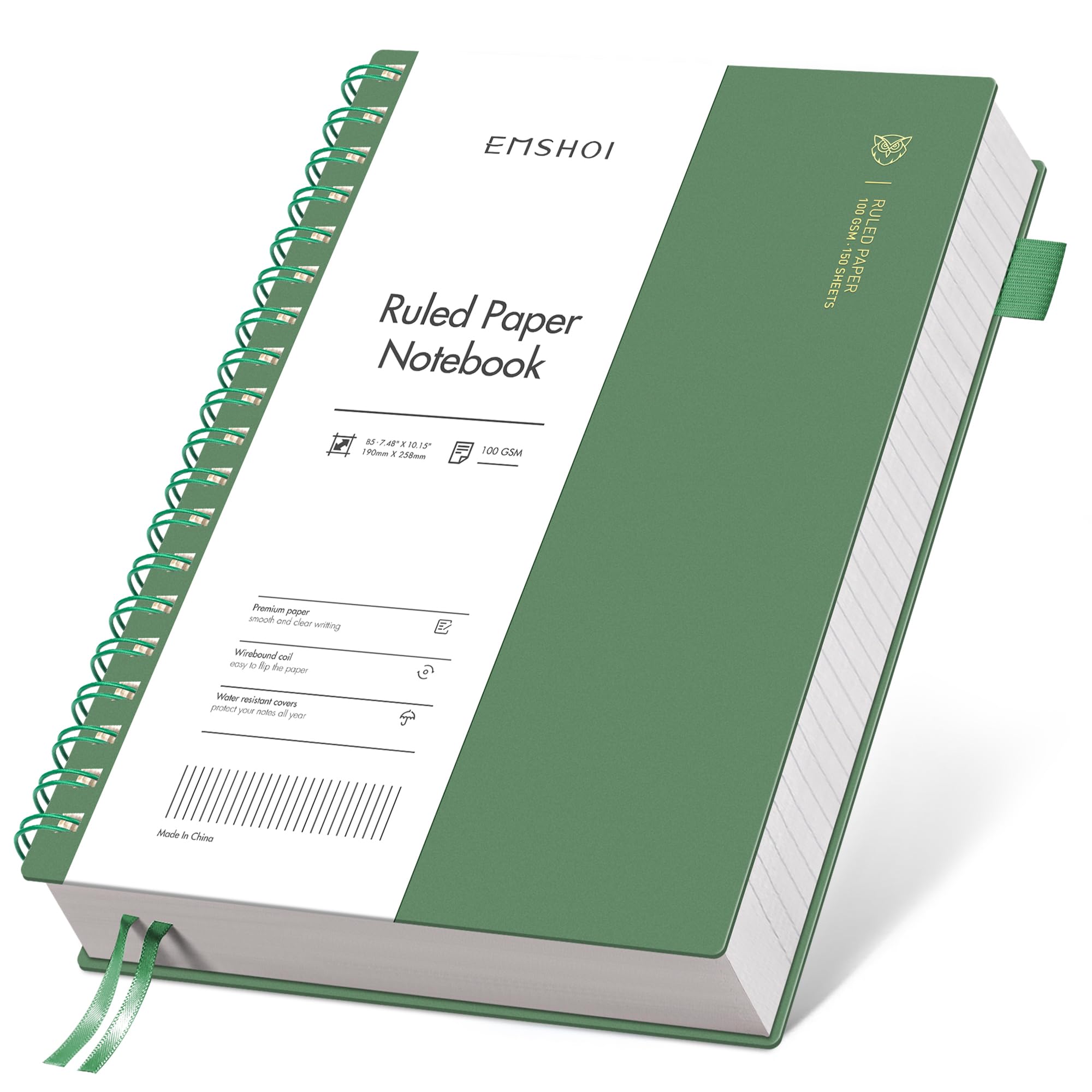 EMSHOI B5 - Cuaderno universitario rayado en espiral, grande de 19 x 26 cm, 300 hojas/150 páginas, papel grueso de 100 g/m², tapa dura impermeable, diario de escritura unisex para trabajo, oficina y