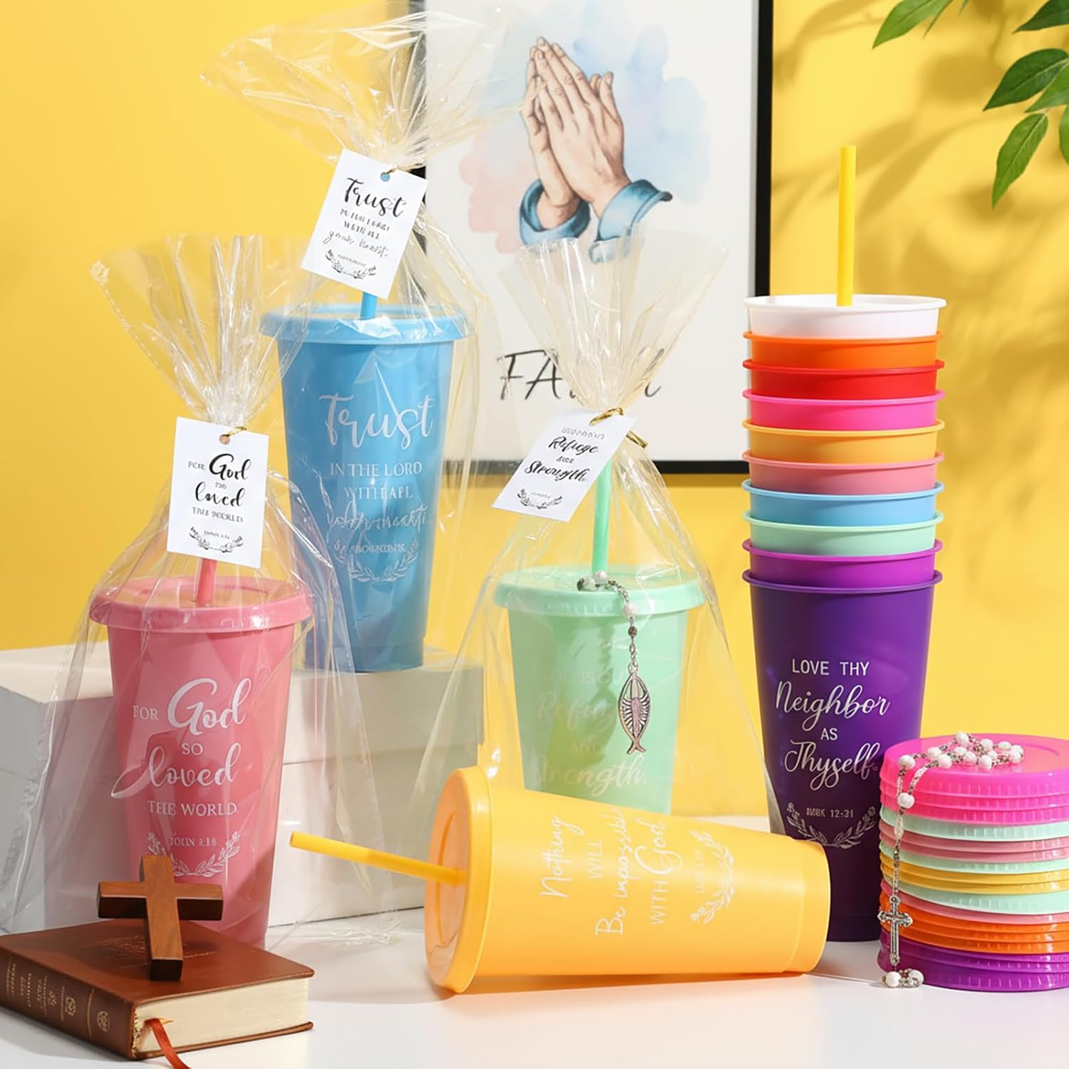 Skylety 40 Sets Valentine Christian Cups Bulk 24oz Bible Verse Plastic Tumbler with Lids Straws Religious Church Gift for Easter VBS Sunday School Party Employee Appreciation Mother (Multicolor) - Image 3