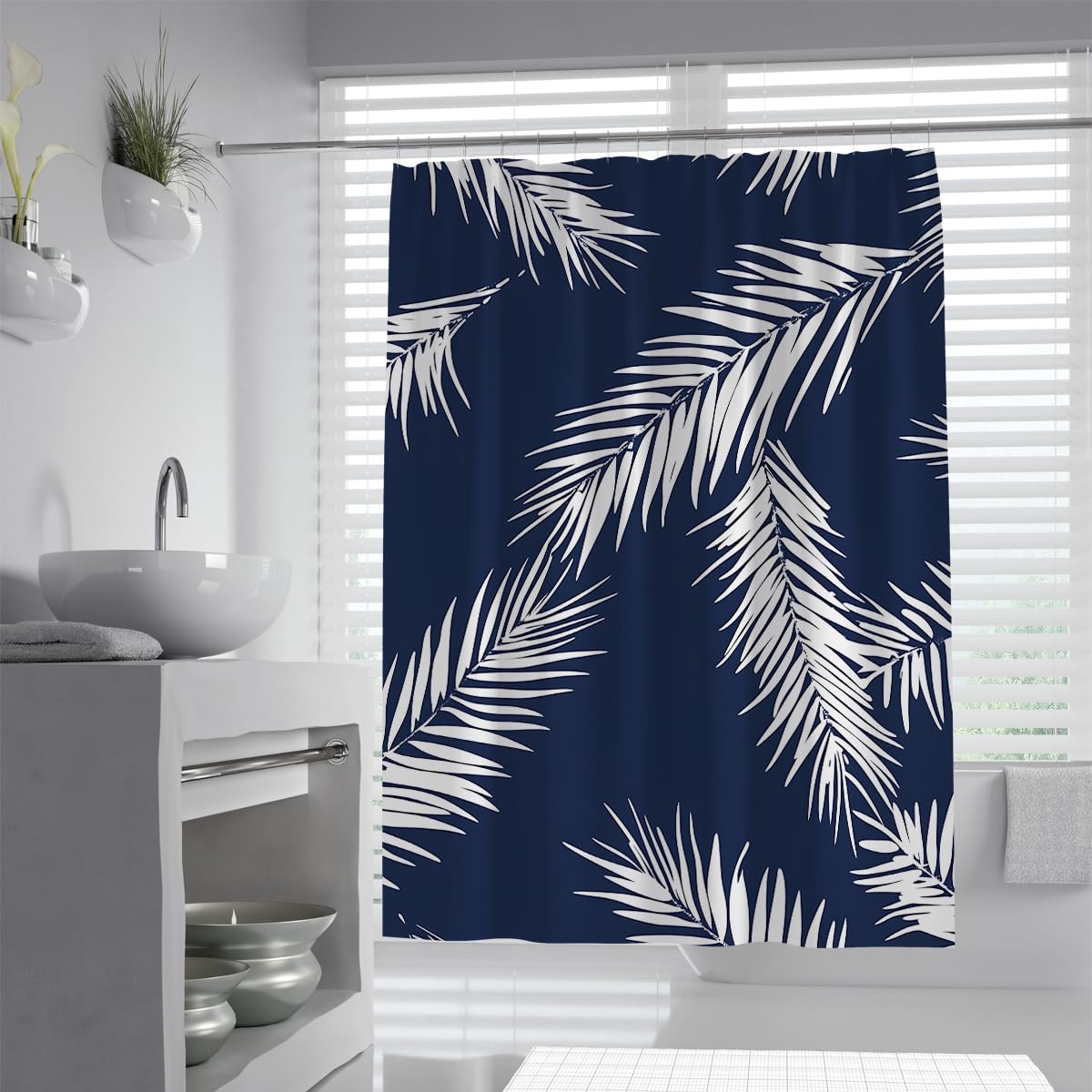 UIRINGART Luxury Tropical Palm Shower Curtain W150xL180cm Dark Blue White Coconut Leaf Mildew Resistant Water Repellent Bath Curtains Bathroom Decor With Hooks