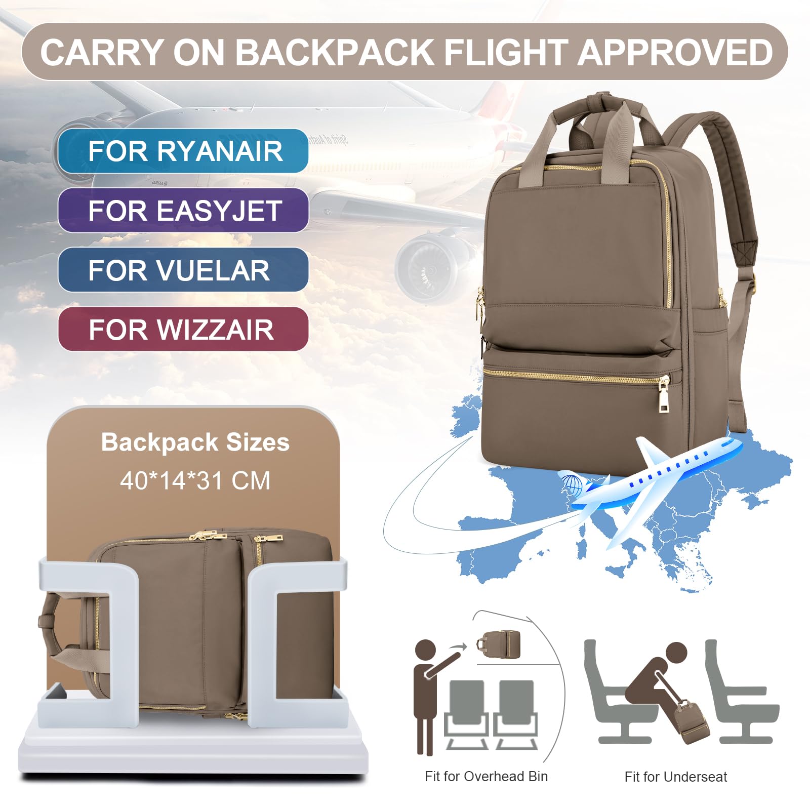 UPPACK Zaino Ryanair 40x20x25 Zaino Da Viaggio aereo Bagaglio a Mano Donna Zaino Borse da Cabina Borsa da Viaggio aereo Zaino per PC Impermeabile Casual Daypack