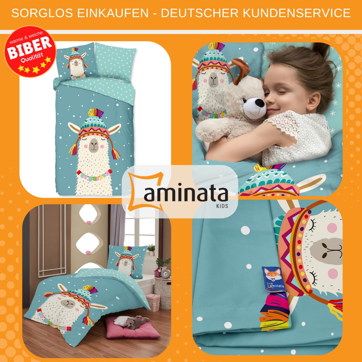 Aminata kids Biber Bettwäsche 135x200 Mädchen Lama 100% Baumwolle