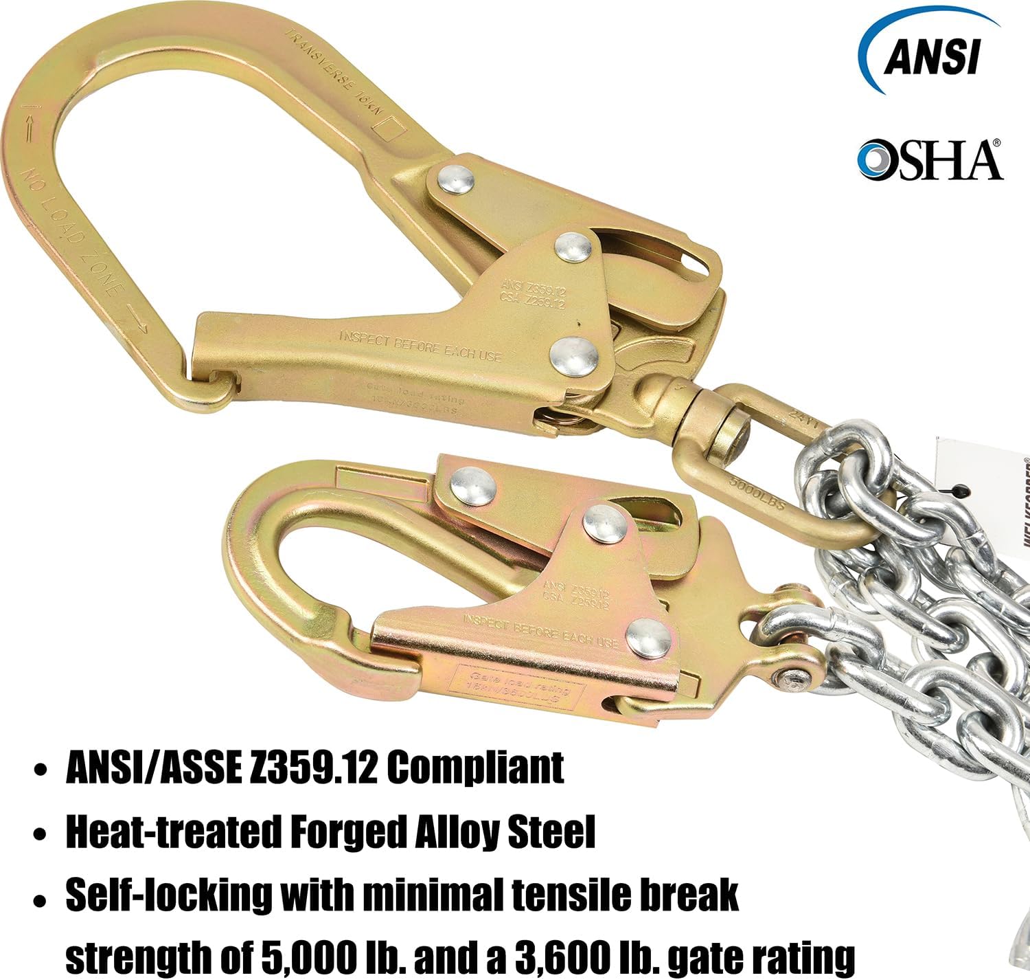 Rebar Positioning Chain Assembly with Swivel Double Self-Locking Snap Hooks Construction Positioning Chains ANSI/OSHA Compliant