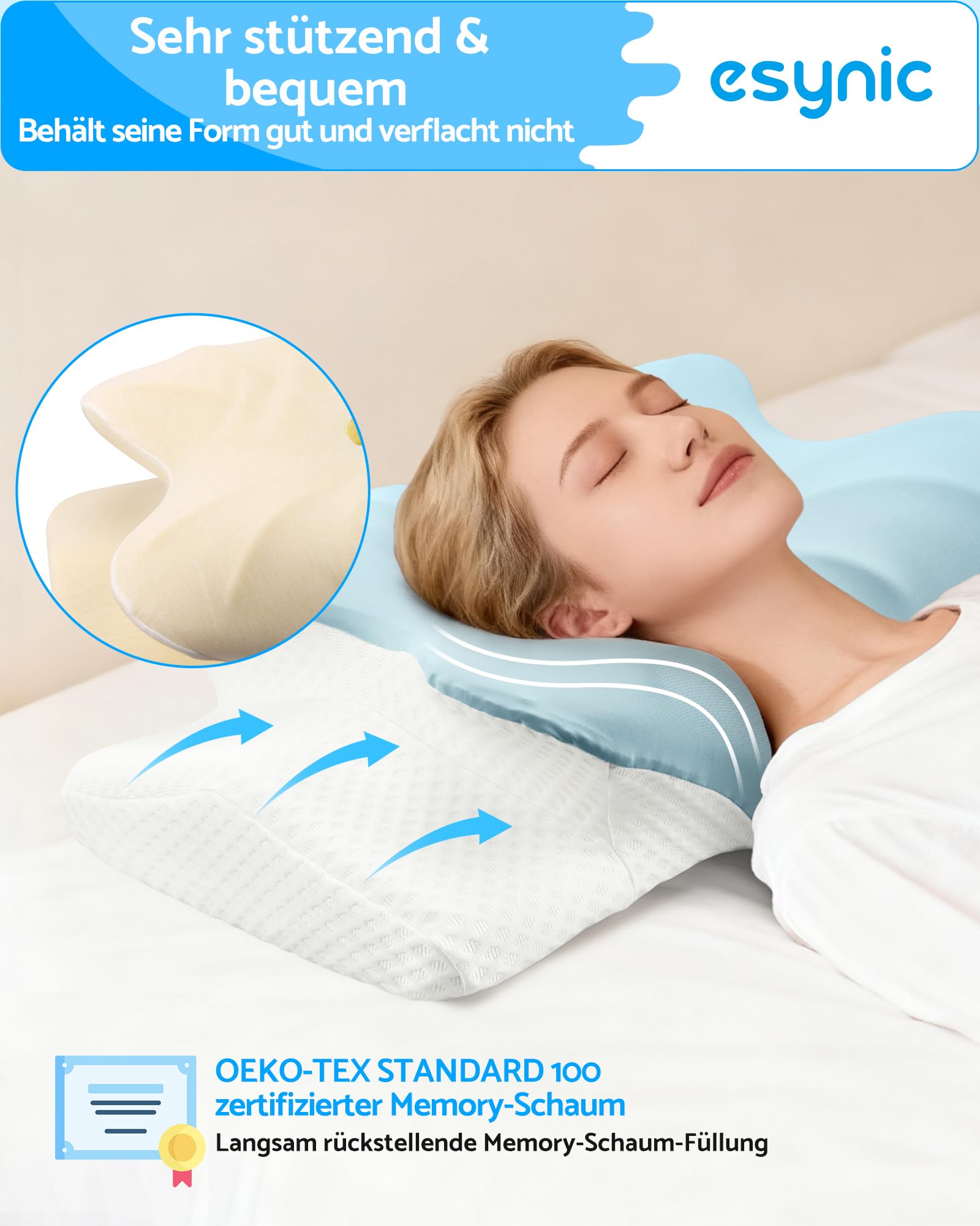 eSynic Nackenkissen Memory Foam Kissen Nackenhörnchen Ergonomisches Kopfkissen Nackenstützkisse Pillow Kissen mit Waschbarem Cooling Ice Silk Bezug für Seiten Rücken & Bauchschläfer