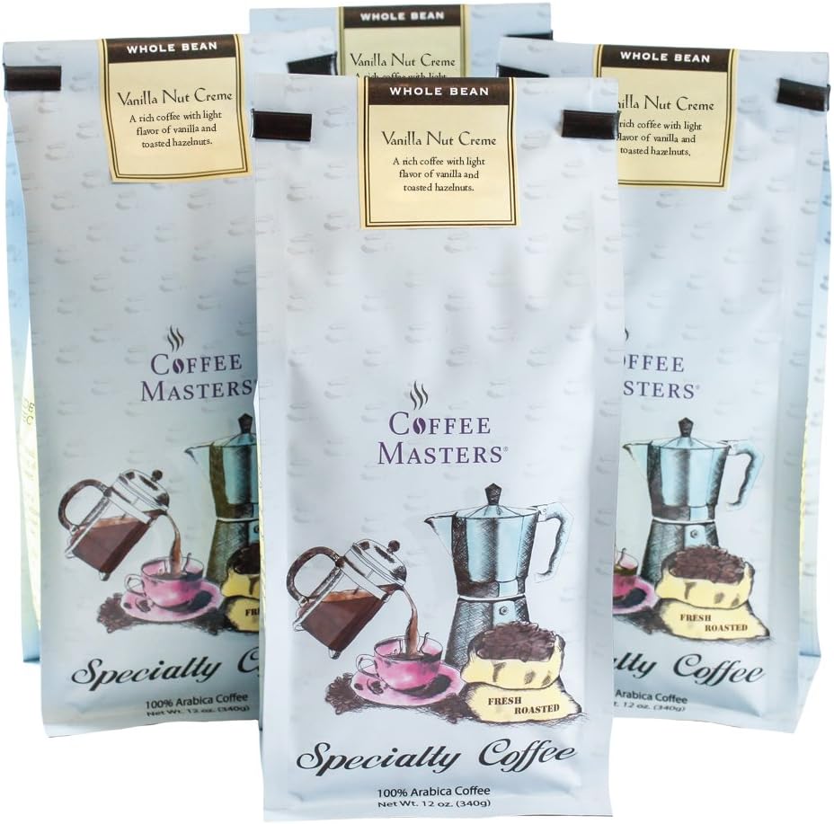 Coffee Masters Flavored Coffee, Vanilla Nut Creme Whole Bean, 12-Ounce Bags (Pack of 4)
