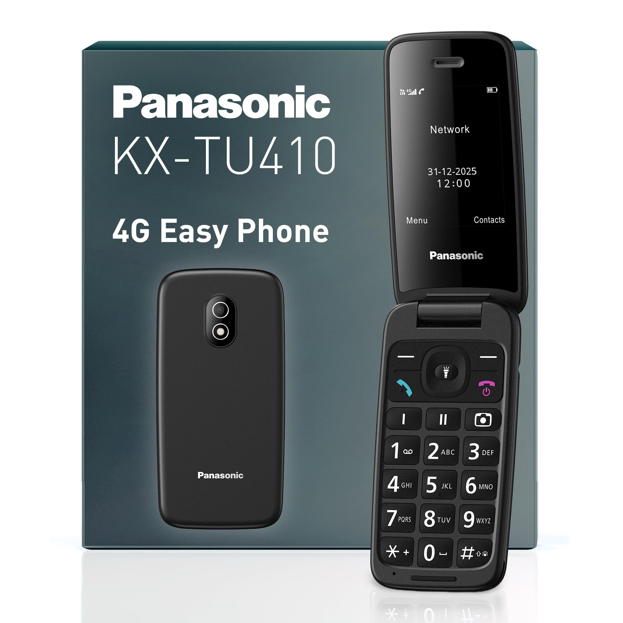 Panasonic KX-TU410 Telefono Cellulare 4G a Conchiglia 2,4 Pollici, Tasto SOS, Bluetooth 5.0, HAC, Vivavoce, IP44, Nero