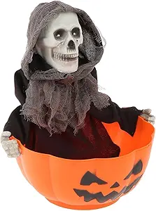Motion Activated Halloween Candy Bowl with Screaming Witch & Light Up Eyes, Animated Skeleton Candy Dish with Creepy Sound for Trick or Treat Scary Decors (1)