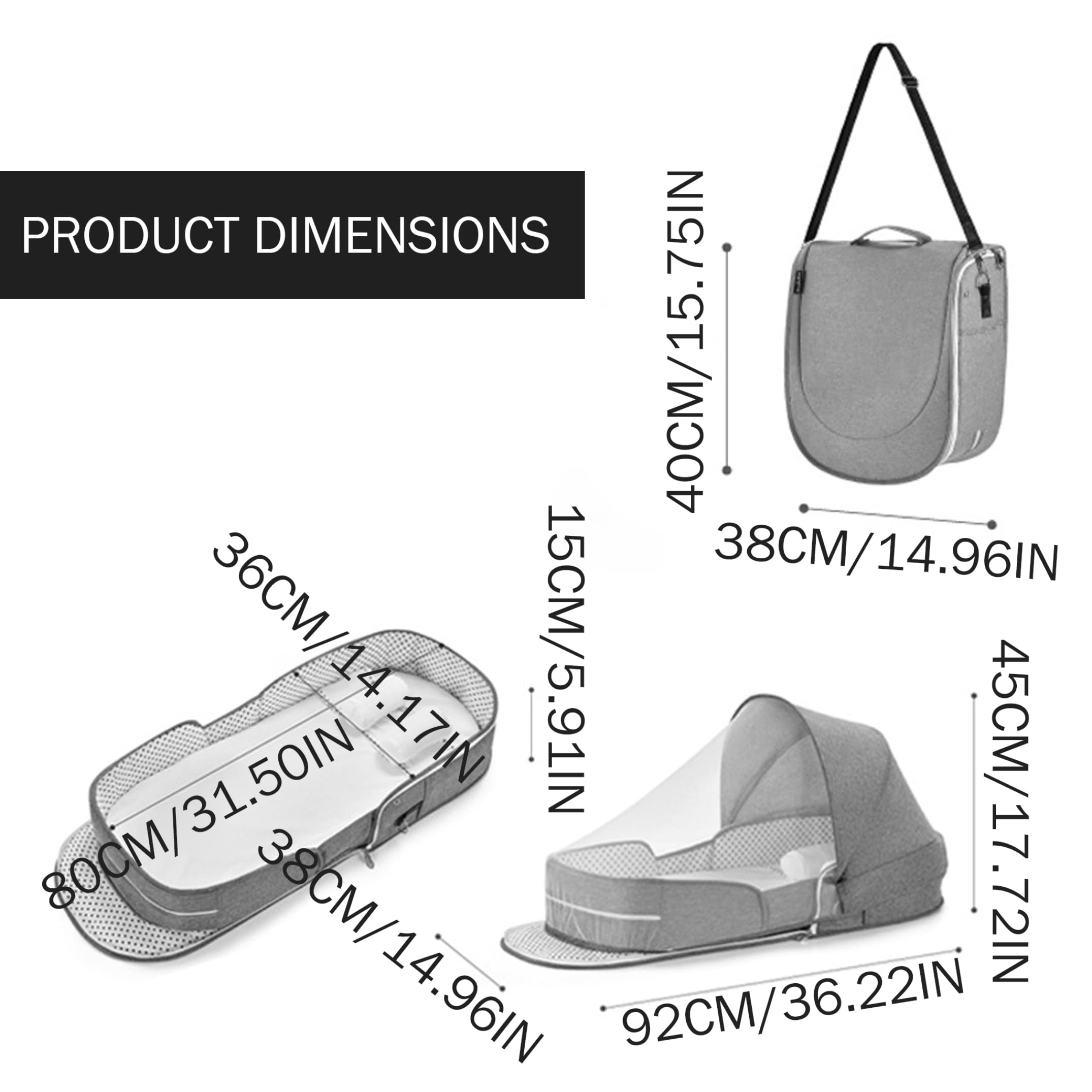 Moisés de viaje plegable portátil para bebé de 0 a 6 meses con dosel y red, moisés para recién nacidos esencial para viajes, cuna para avión, coche, camping, gris