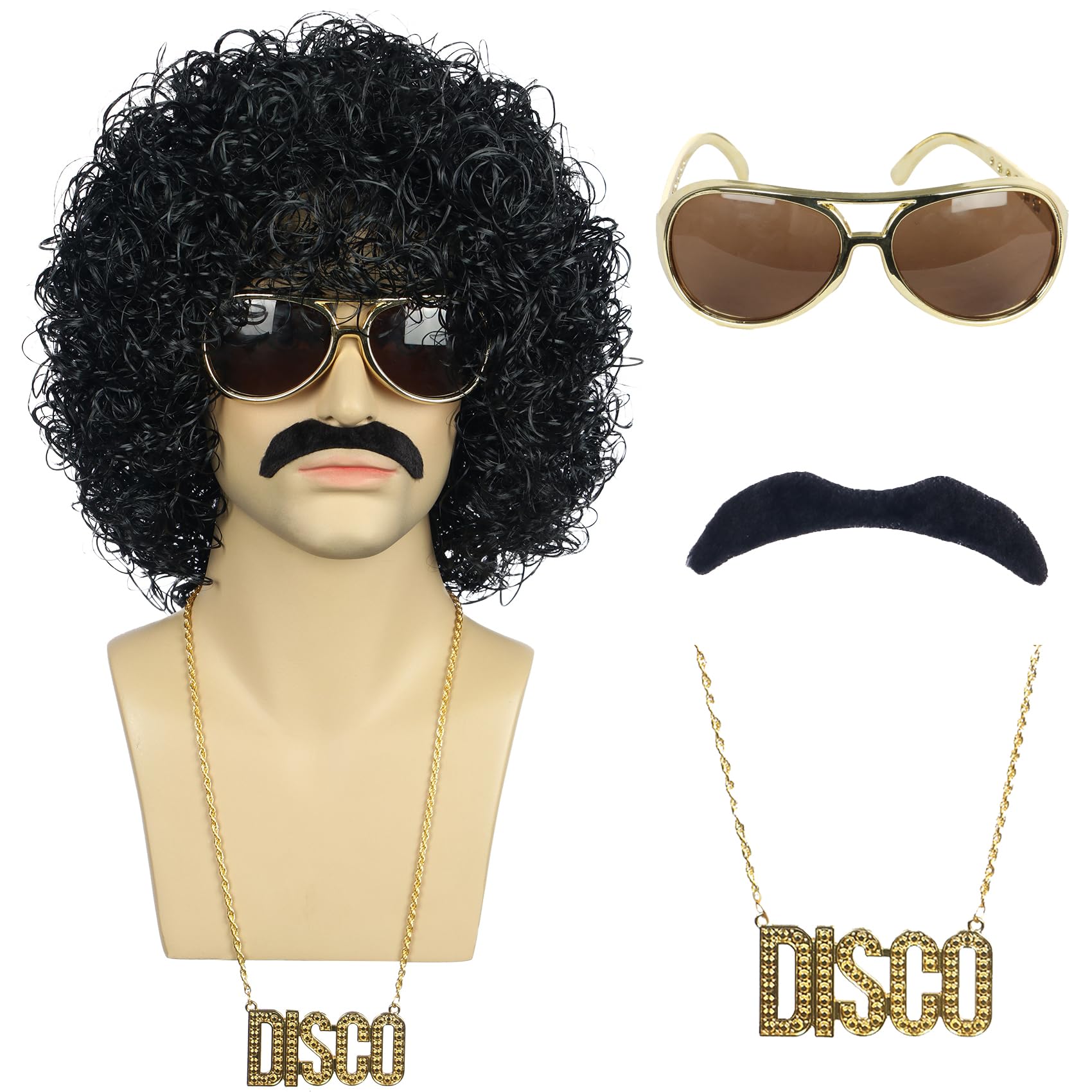 karlery Men Short Curly Black Wig with Mustache Necklace Glasses 70s 80s Disco Afro Rocker Wig for Cosplay Halloween Party