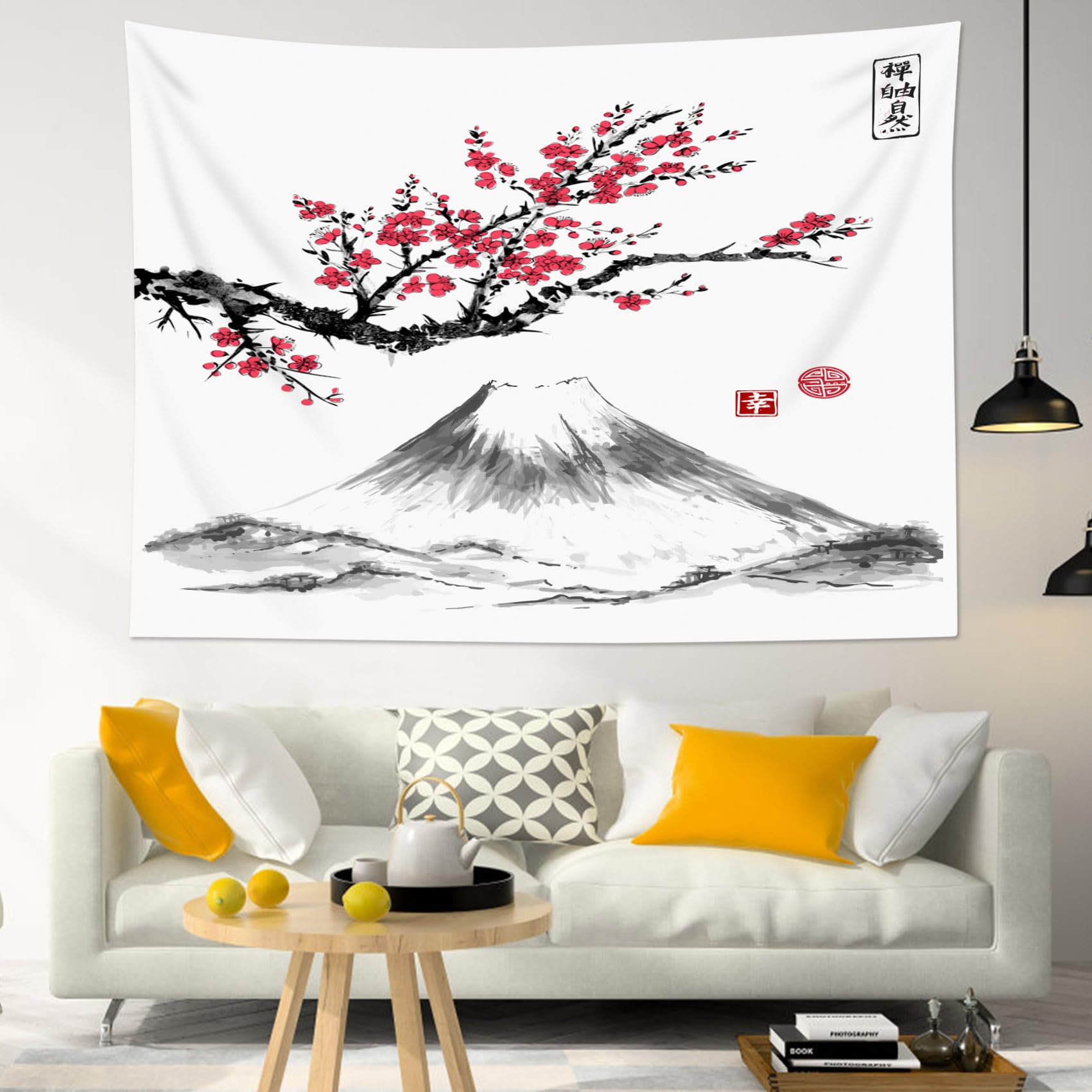 LB Japanese Mountain Tapestry Red Flower Wall Hanging Tapestry Black White Grey Tapestries for Living Room Bedroom Dorm Wall Decor,59x39 inch - Image 3
